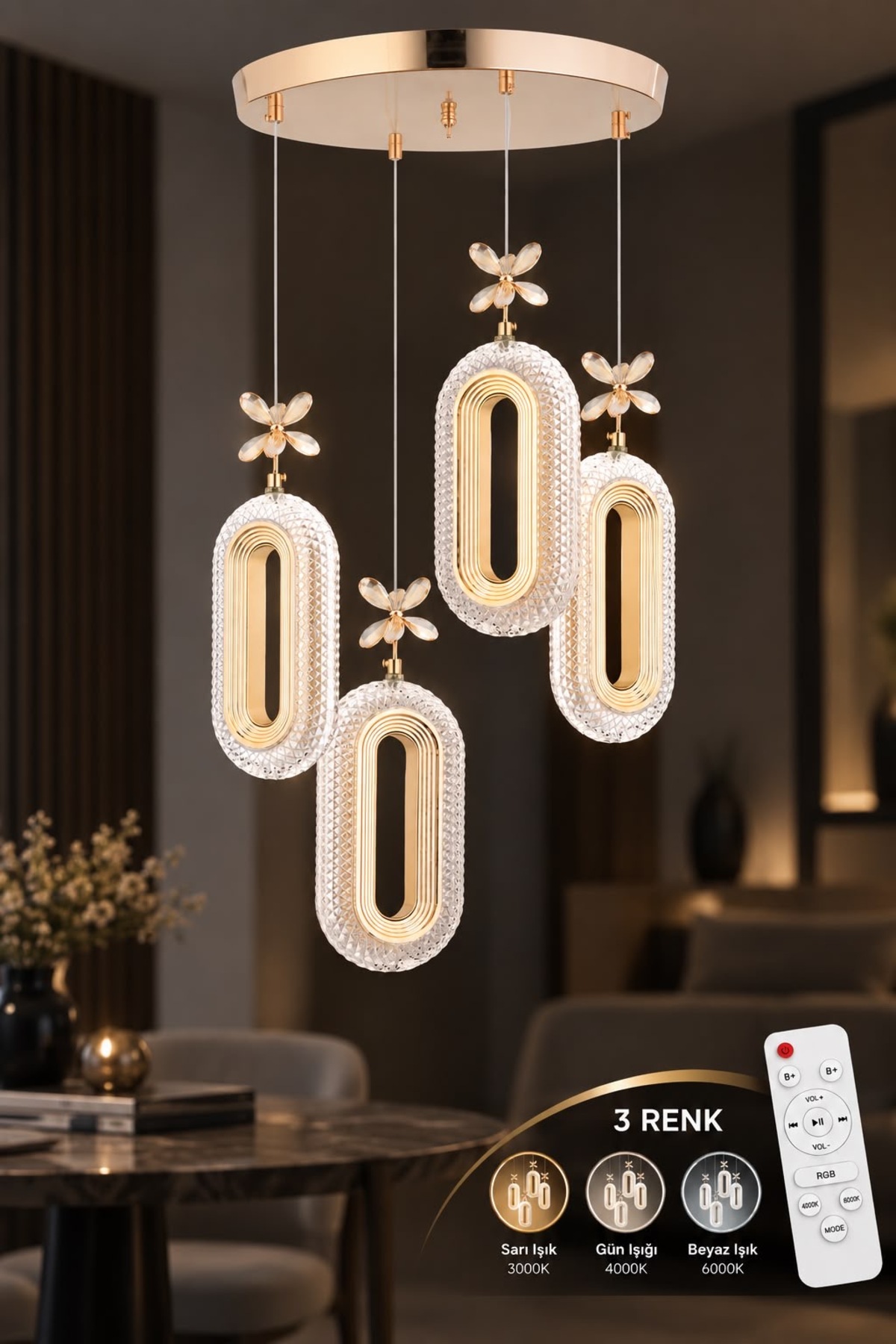 İstanbul Avize Alfa Led 4'lü Gold Kumandalı 3 Renk Ledli Modern Led Avize