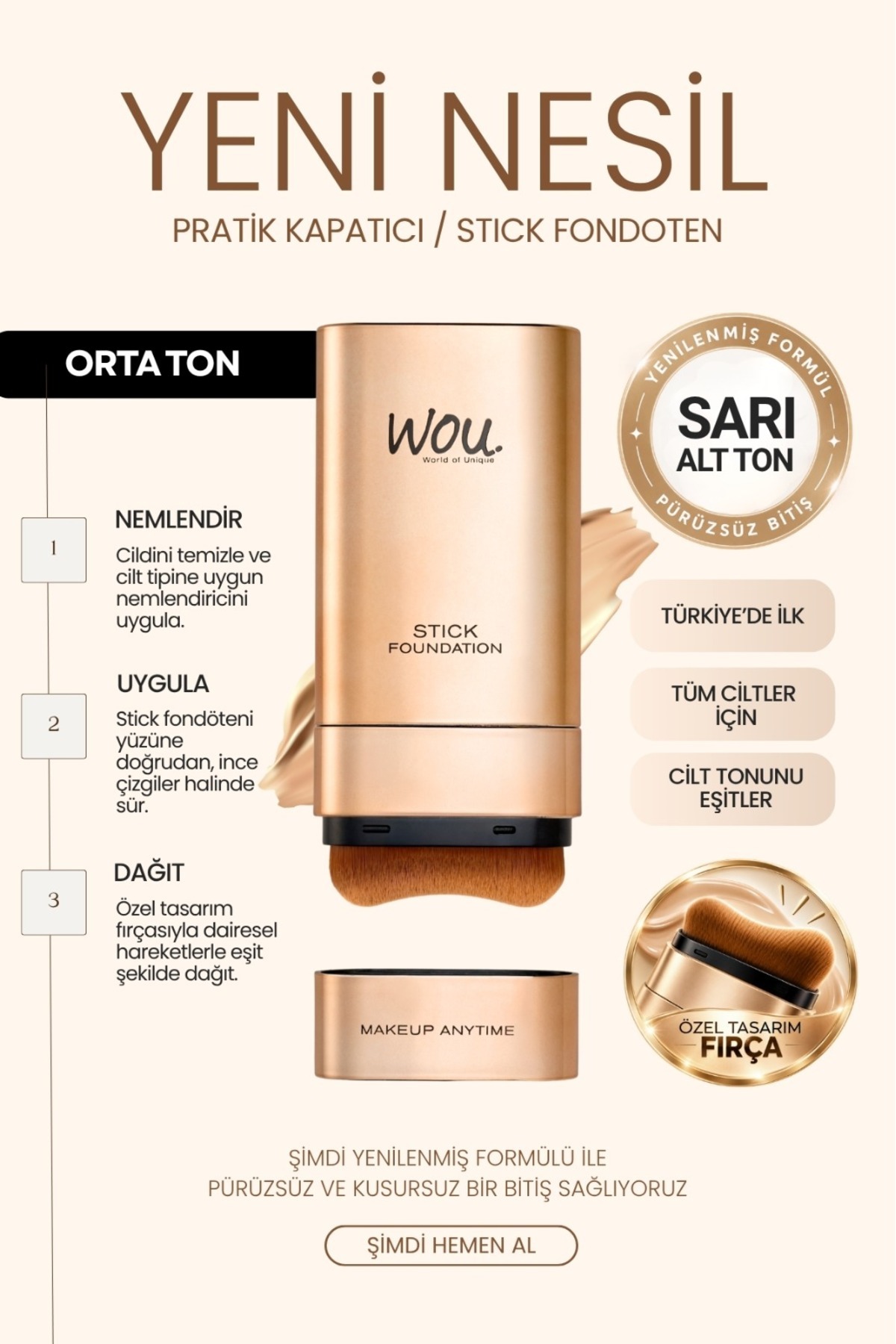WOU World of Unique Stick Fondöten, Fırçalı Pratik Kapatıcı, 2 in 1, 20 gr, Orta Ton