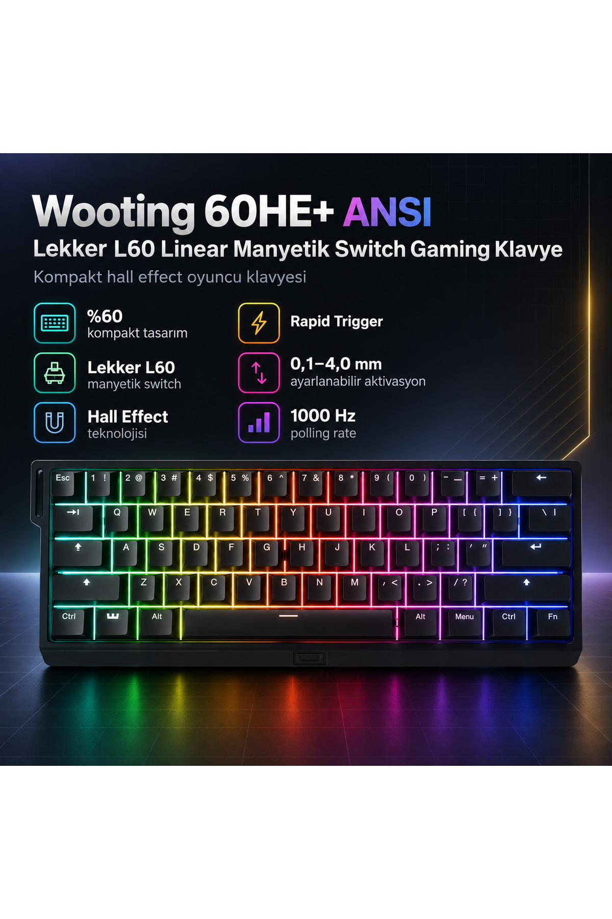 Wooting60HE US配列 Lekker L45/L60 V1付属 Wooting 60HE+ ANSI Lekker L60 Linear Manyetik Switch Gaming Klavye