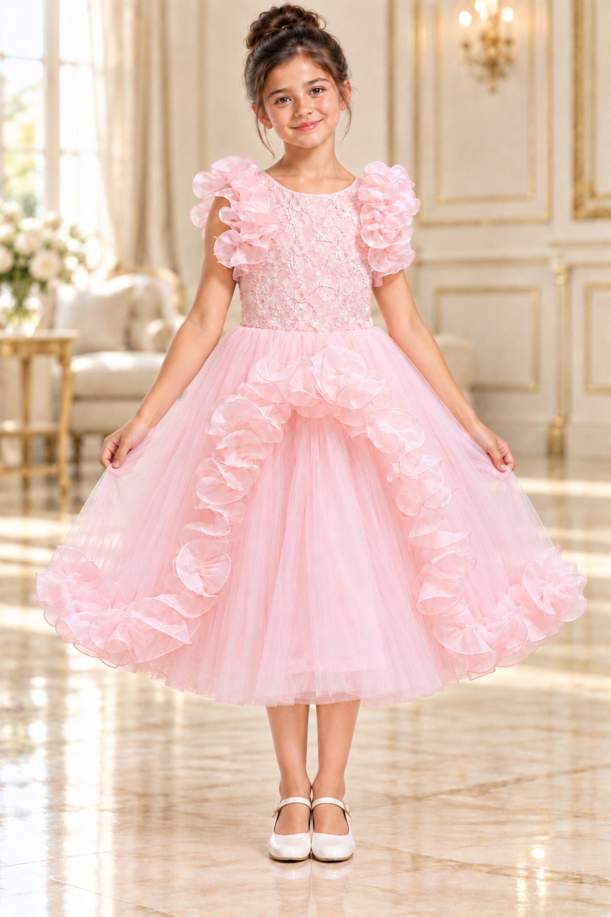 Girls' Light Pink Tulle and Lace Ruffle Occasion Dress