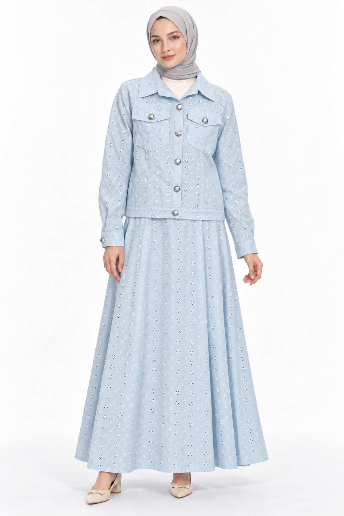 Papatya Desenli Crop Ceket- Etek Takım