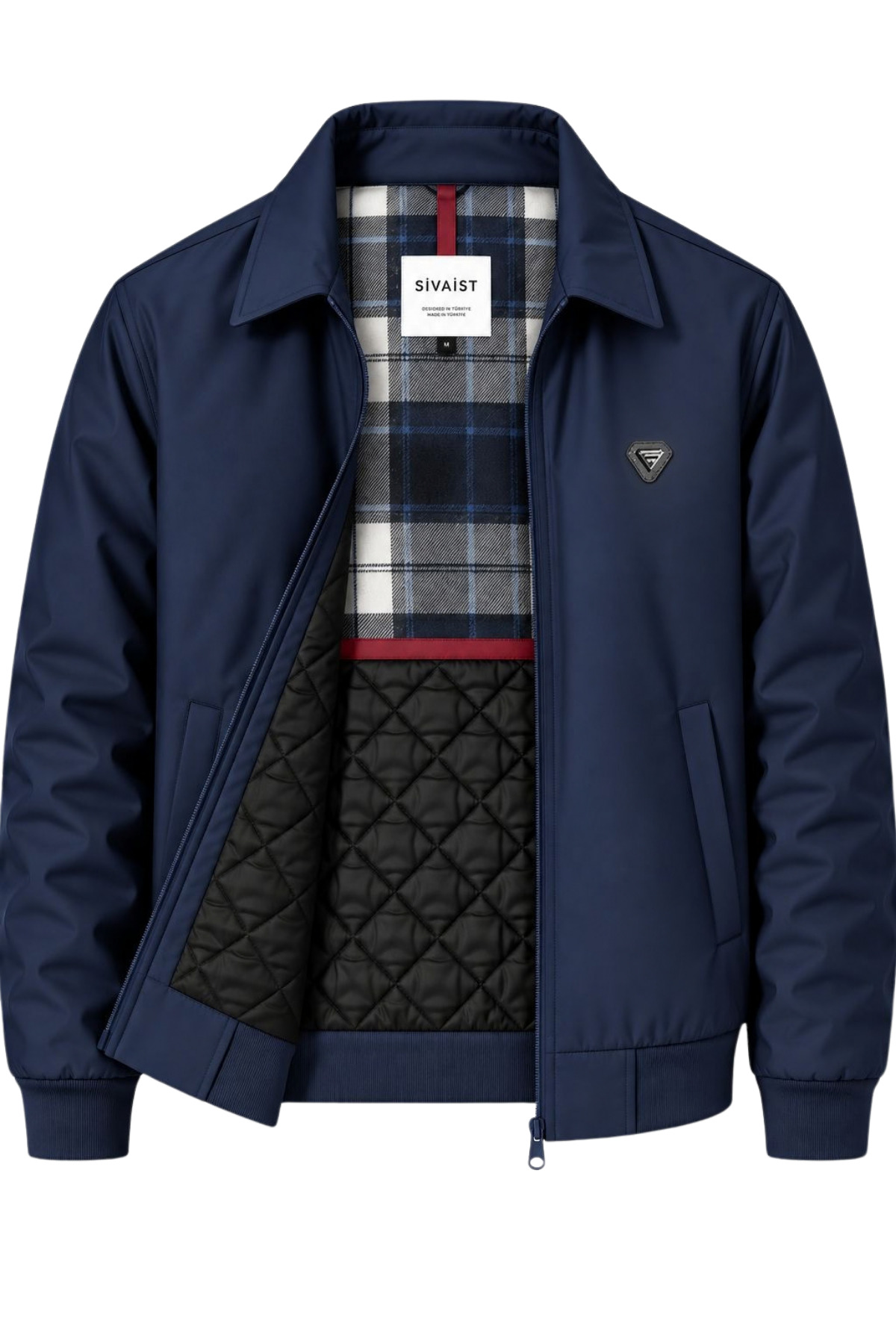 Erkek Koyu Krem Harrington Ceket – Üçgen Armalı, Ekose Astarlı, Ribanalı, Fermuarlı Premium Mont - Lacivert