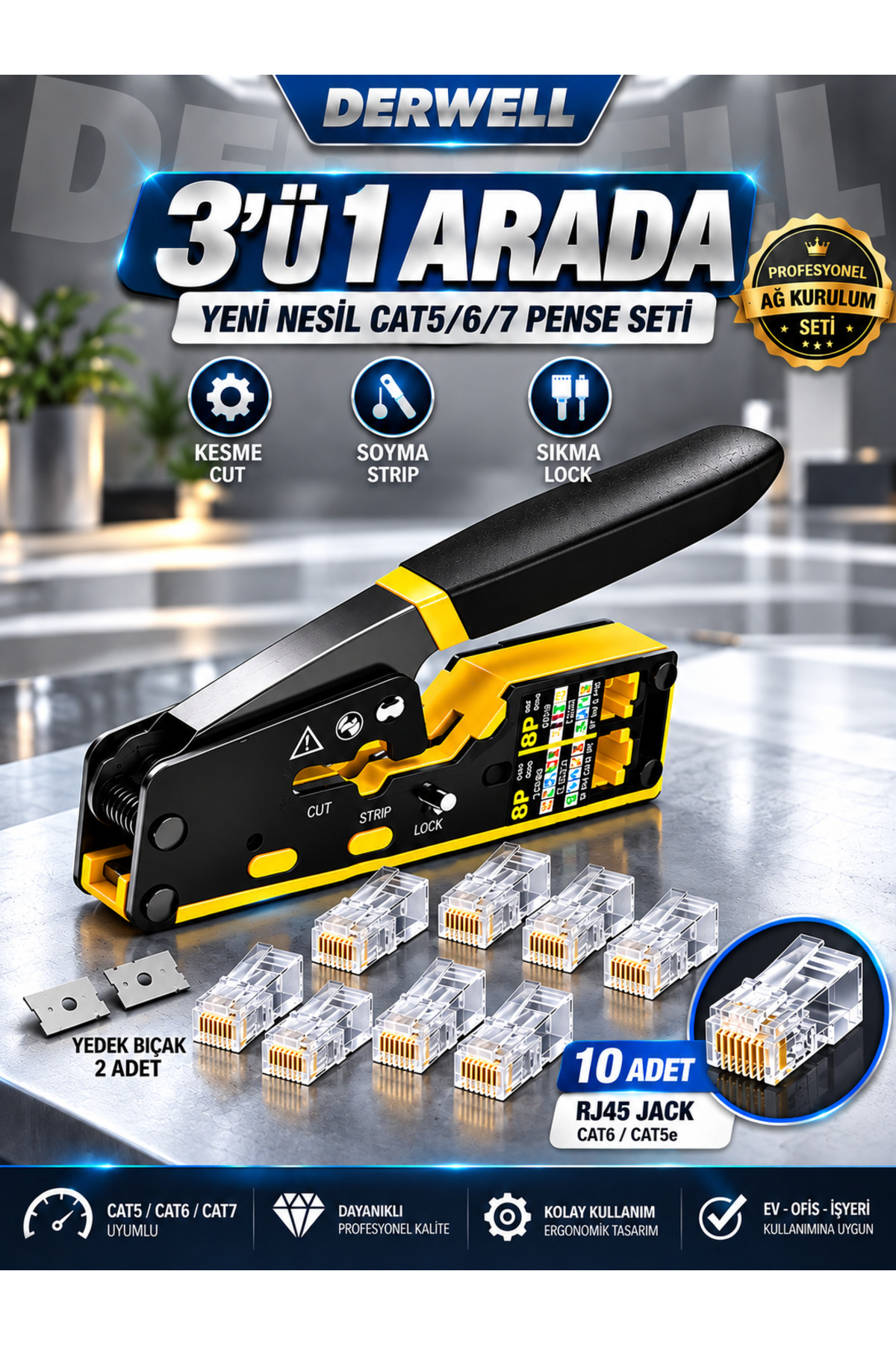 3in1 RJ45 Cat6 Konnektör Seti (10 Adet Paket) - Altın Kaplama Network Ezme Jakı - İnternet ve Ethernet UTP Kablo Başlığı - Yüksek Hızlı Veri İletimi Uyumlu - Profesyonel Ağ Kurulumu Modeli Jak Seti