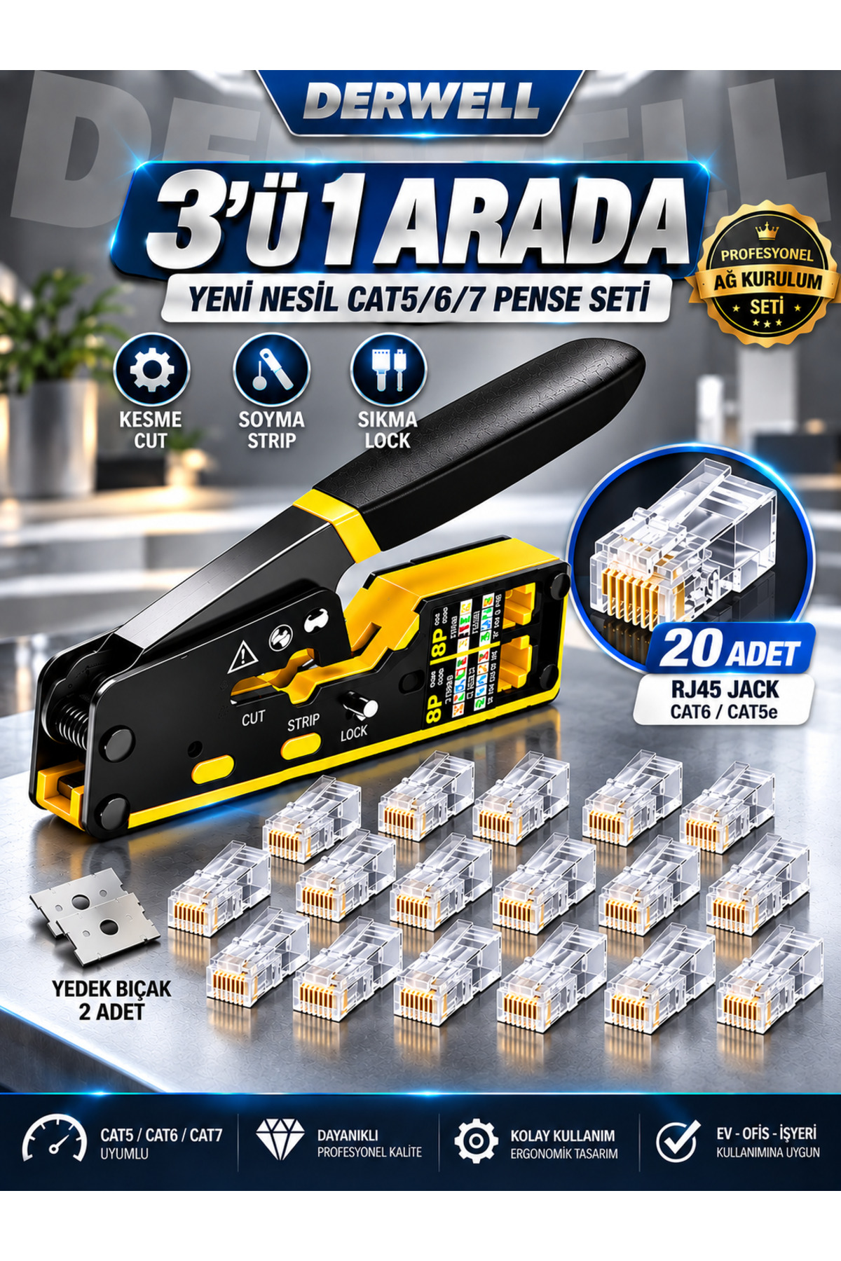 3in1 RJ45 Cat6 Konnektör Seti (20 Adet Paket) - Altın Kaplama Network Ezme Jakı - İnternet ve Ethernet UTP Kablo Başlığı - Yüksek Hızlı Veri İletimi Uyumlu - Profesyonel Ağ Kurulumu Modeli Jak Seti