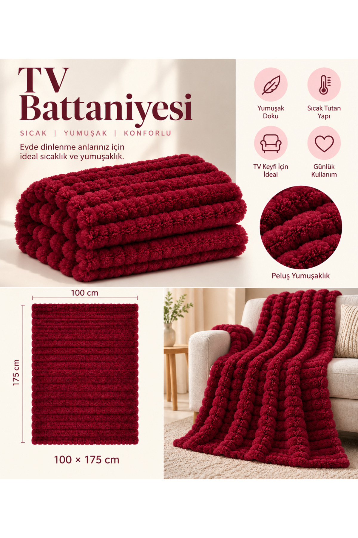 PİAURA Welsoft TV Battaniyesi 100x175 cm Koltuk Şalı, Dekoratif Battaniyesi