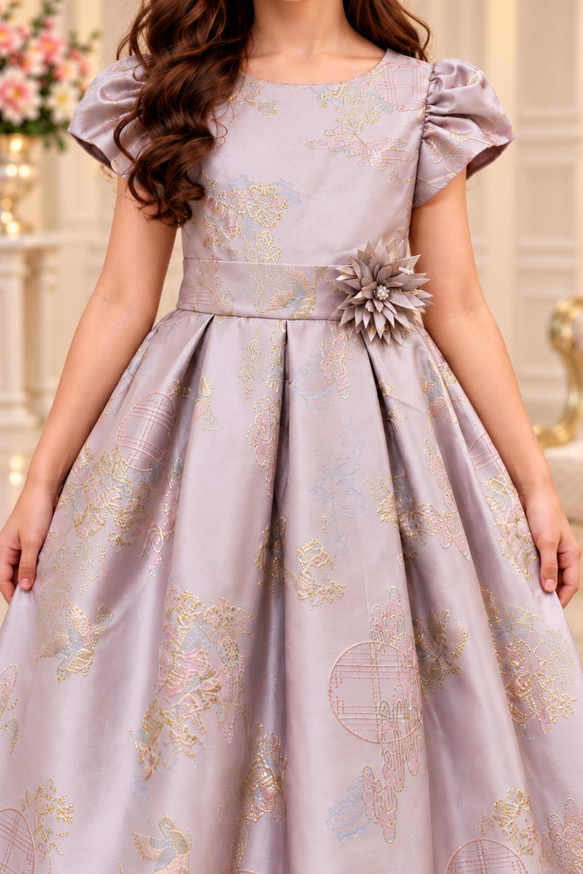 Girl's Light Moof Dress with Gold and Flower Patterns on the Waist for Occasions