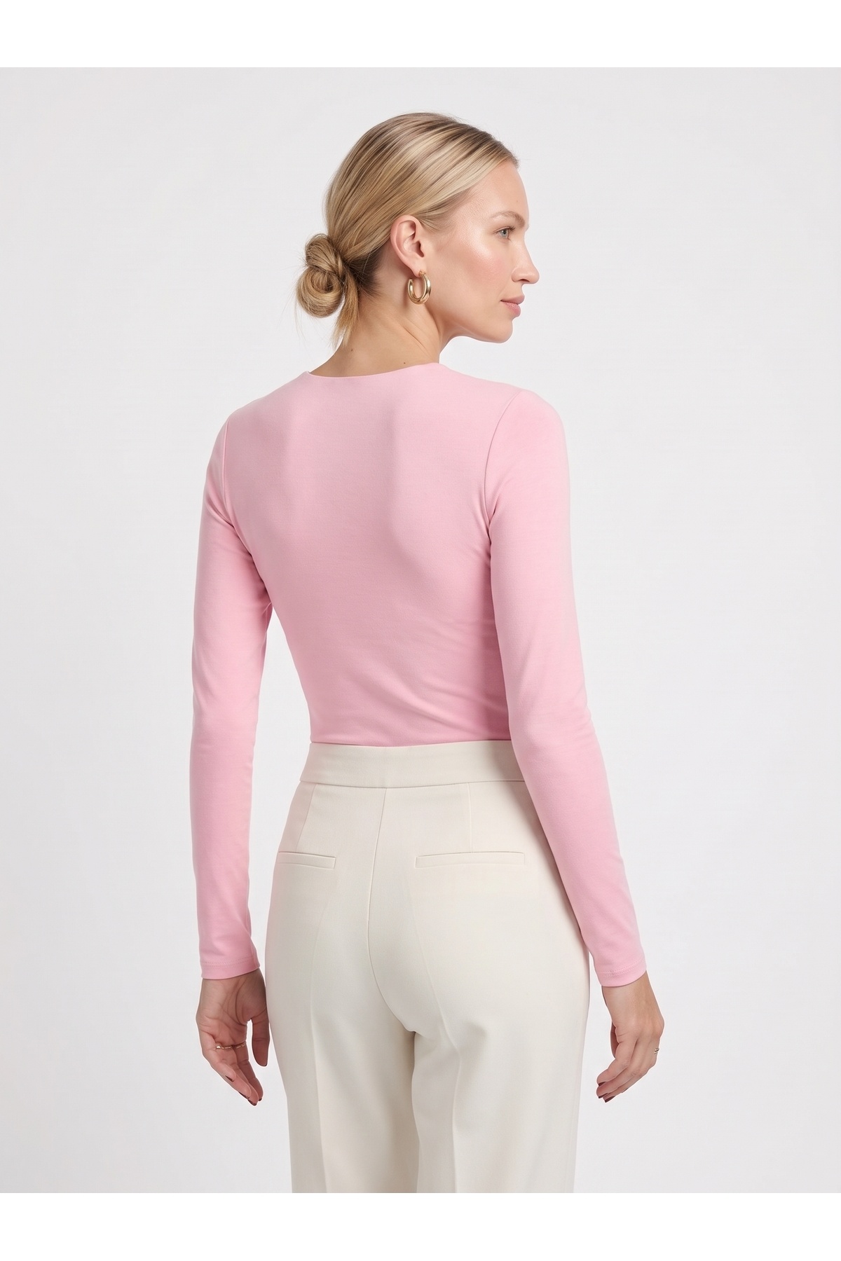 Kadın Uzun Kollu Bisiklet Yaka Slim Fit Esnek Body - Pembe 4