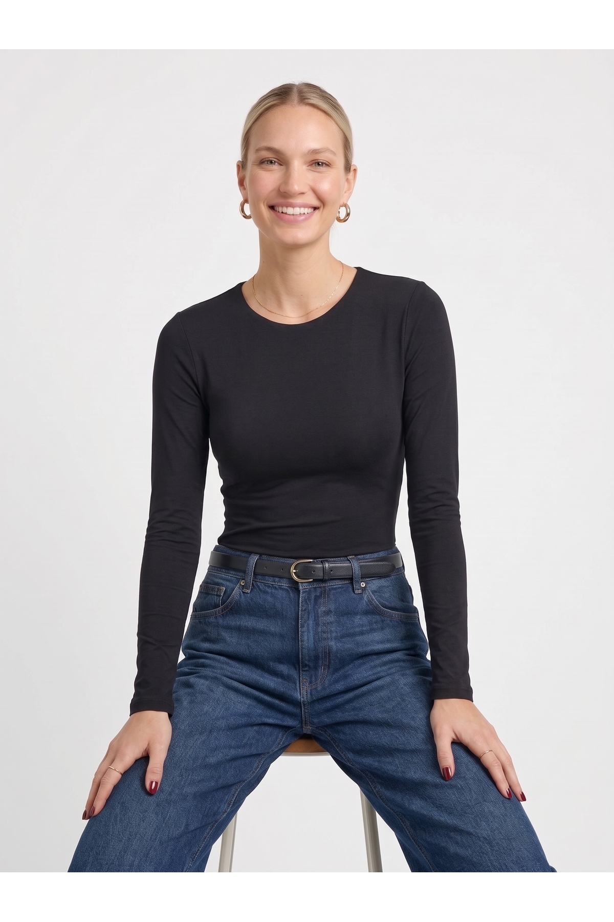 Kadın Uzun Kollu Bisiklet Yaka Slim Fit Esnek Body - Siyah