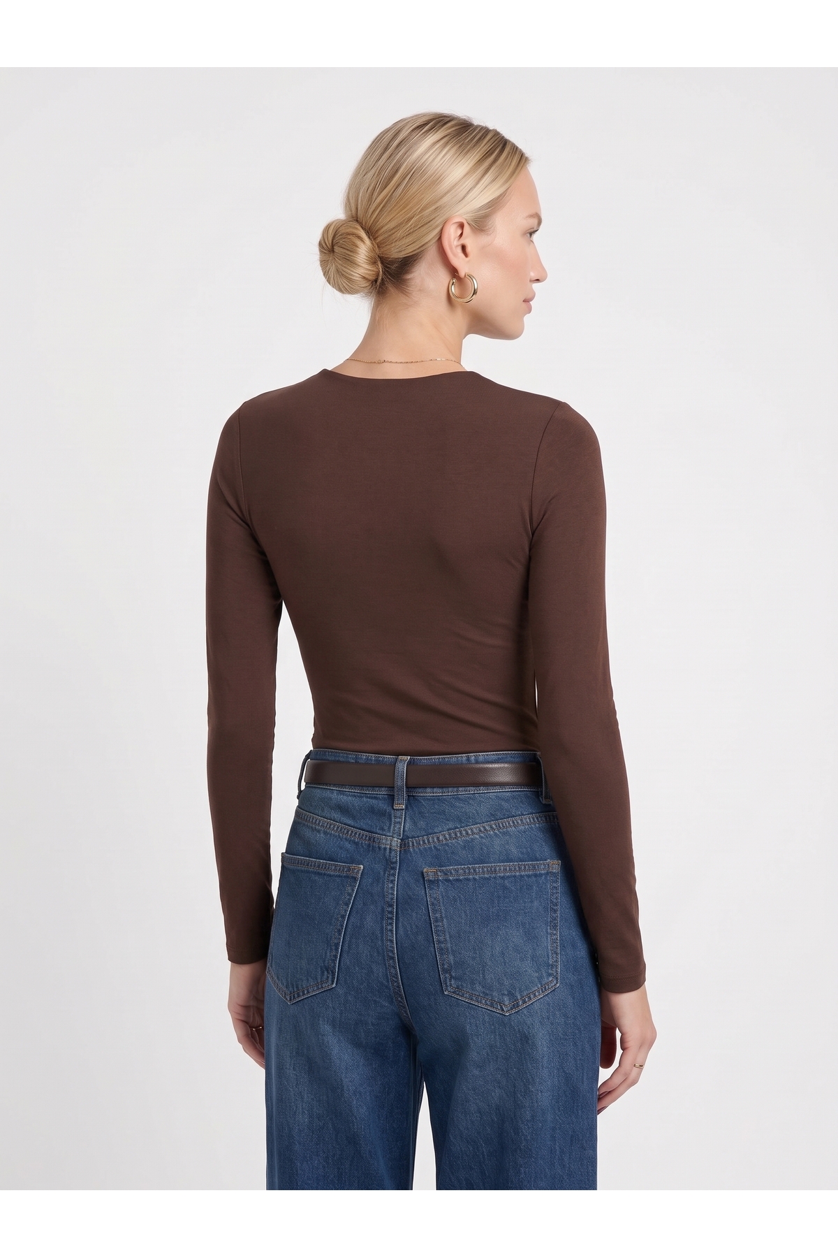 Kadın Uzun Kollu Bisiklet Yaka Slim Fit Esnek Body - Kahverengi 4