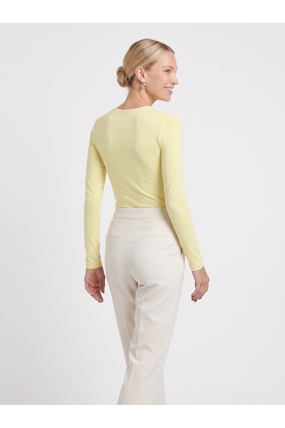 Kadın Uzun Kollu Bisiklet Yaka Slim Fit Esnek Body - Sarı 4