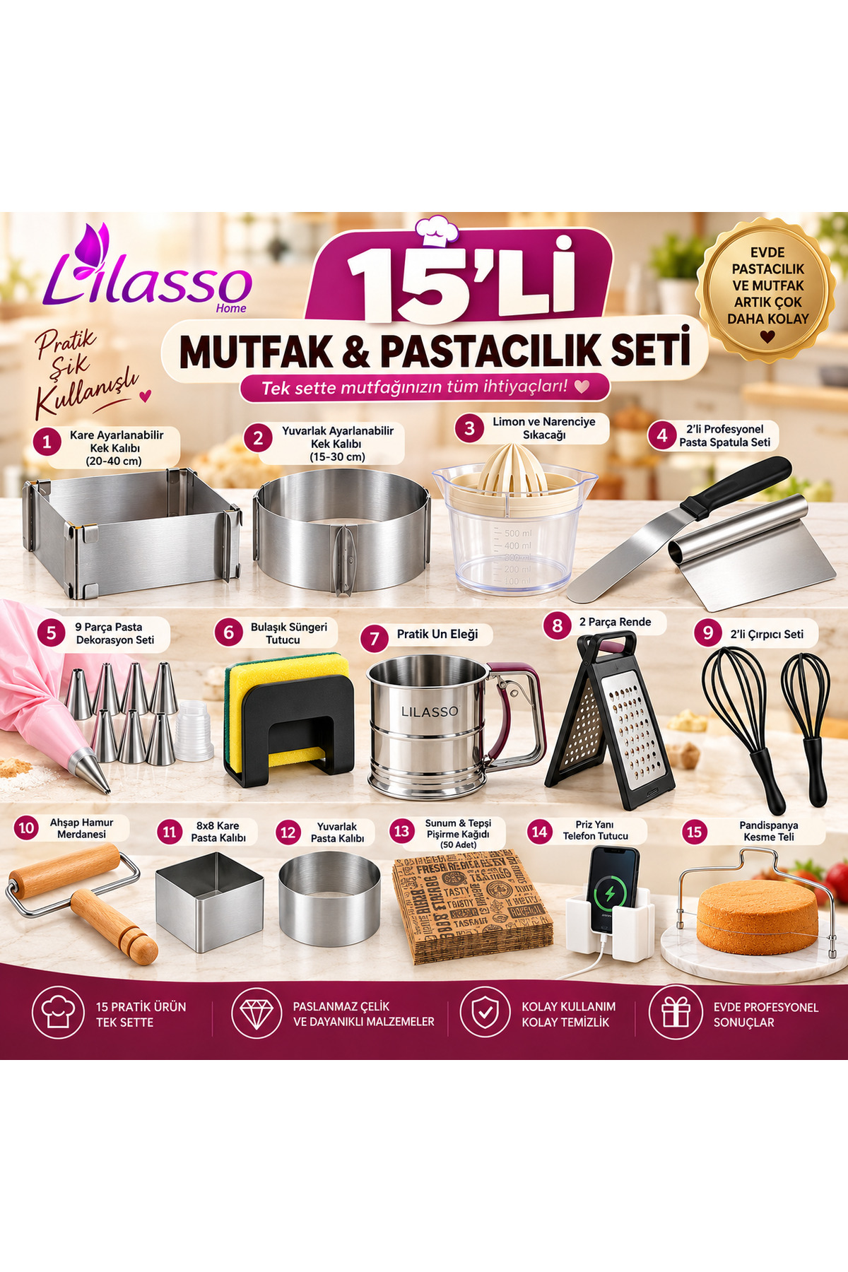 Lilasso Home 15 Parça Mutfak & Pastacılık Seti