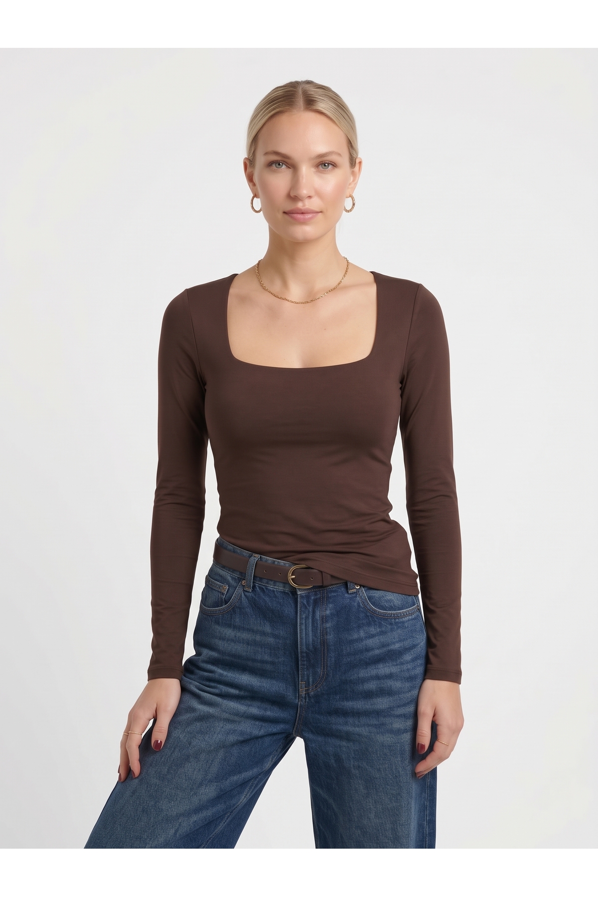 Kadın Uzun Kollu Kare Yaka Slim Fit Esnek Body - Kahverengi 3