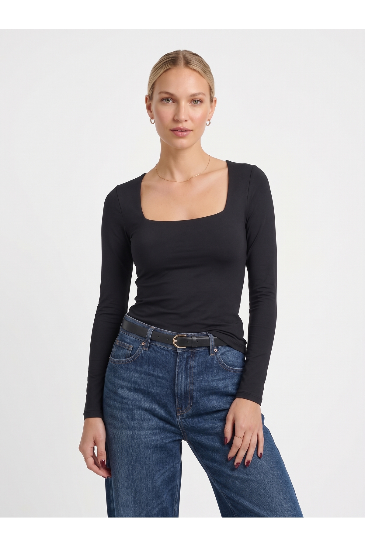 Kadın Uzun Kollu Kare Yaka Slim Fit Esnek Body - Siyah 3