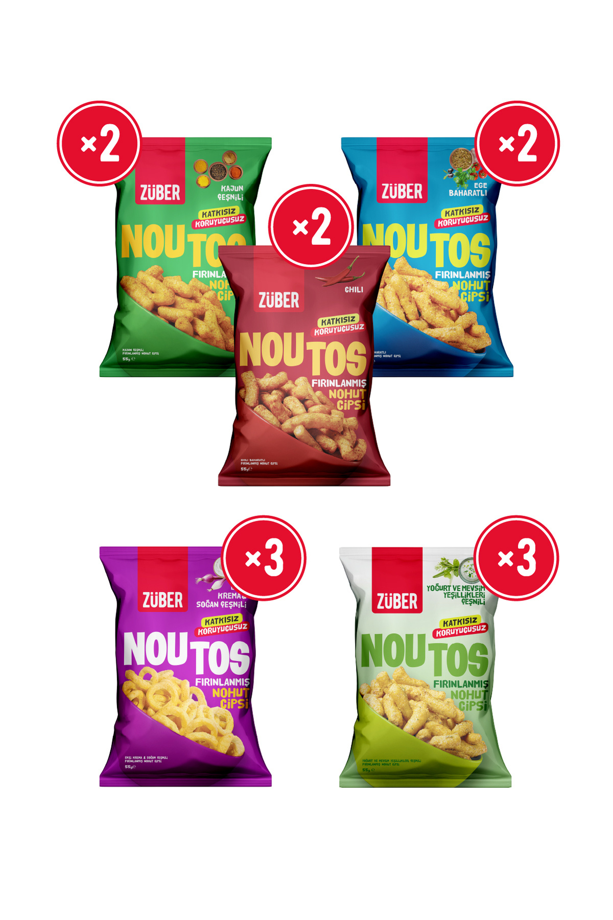 Züber Noutos Karma Parti Paketi 55g x 12 Adet (Kajun, Chili, Ege, Ekşi Krema, Yoğurt)