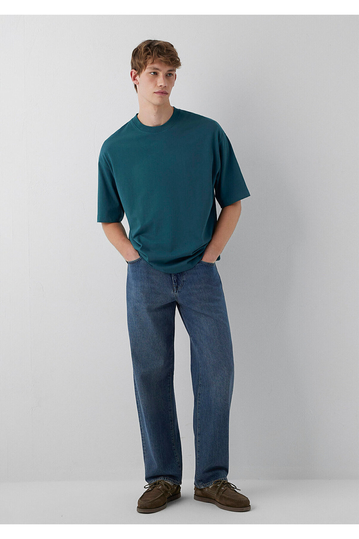 Mavi Bisiklet Yaka Yeşil Basic Tişört Oversize / Geniş Kesim