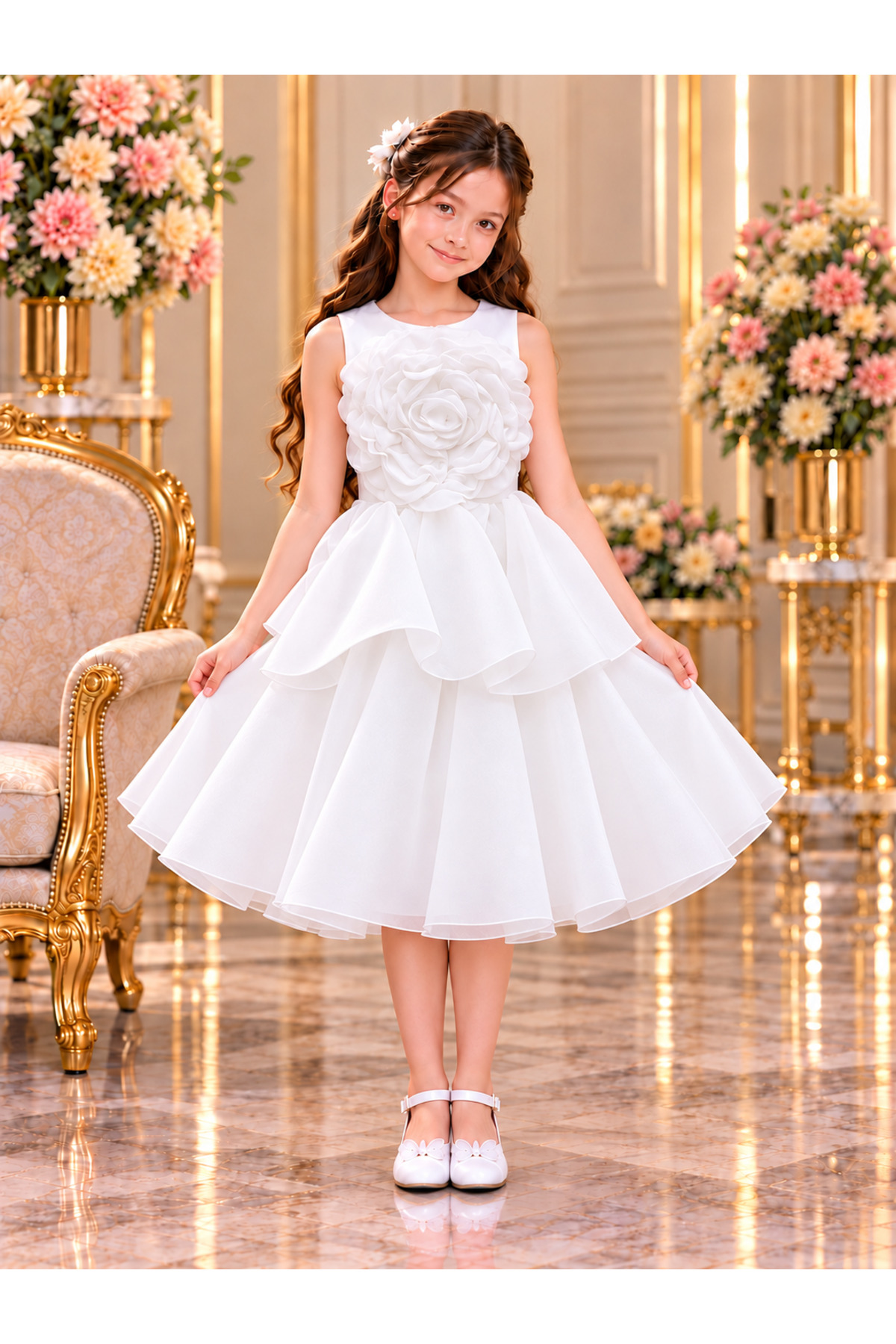 Girls' White Dress with Embossed Rose and Layered Skirt for Special Occasions