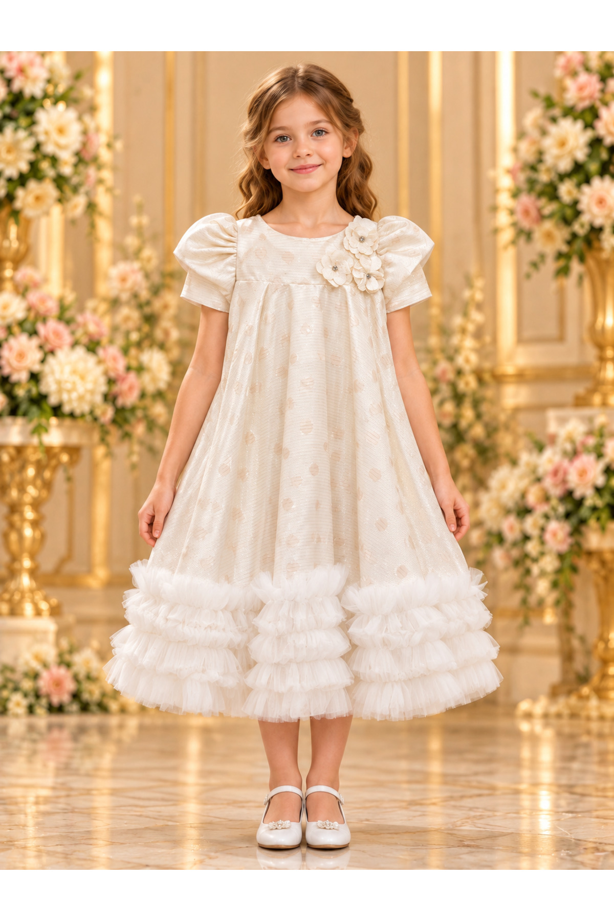 Girls' Ivory Embossed Floral Ruffle Occasion Dress