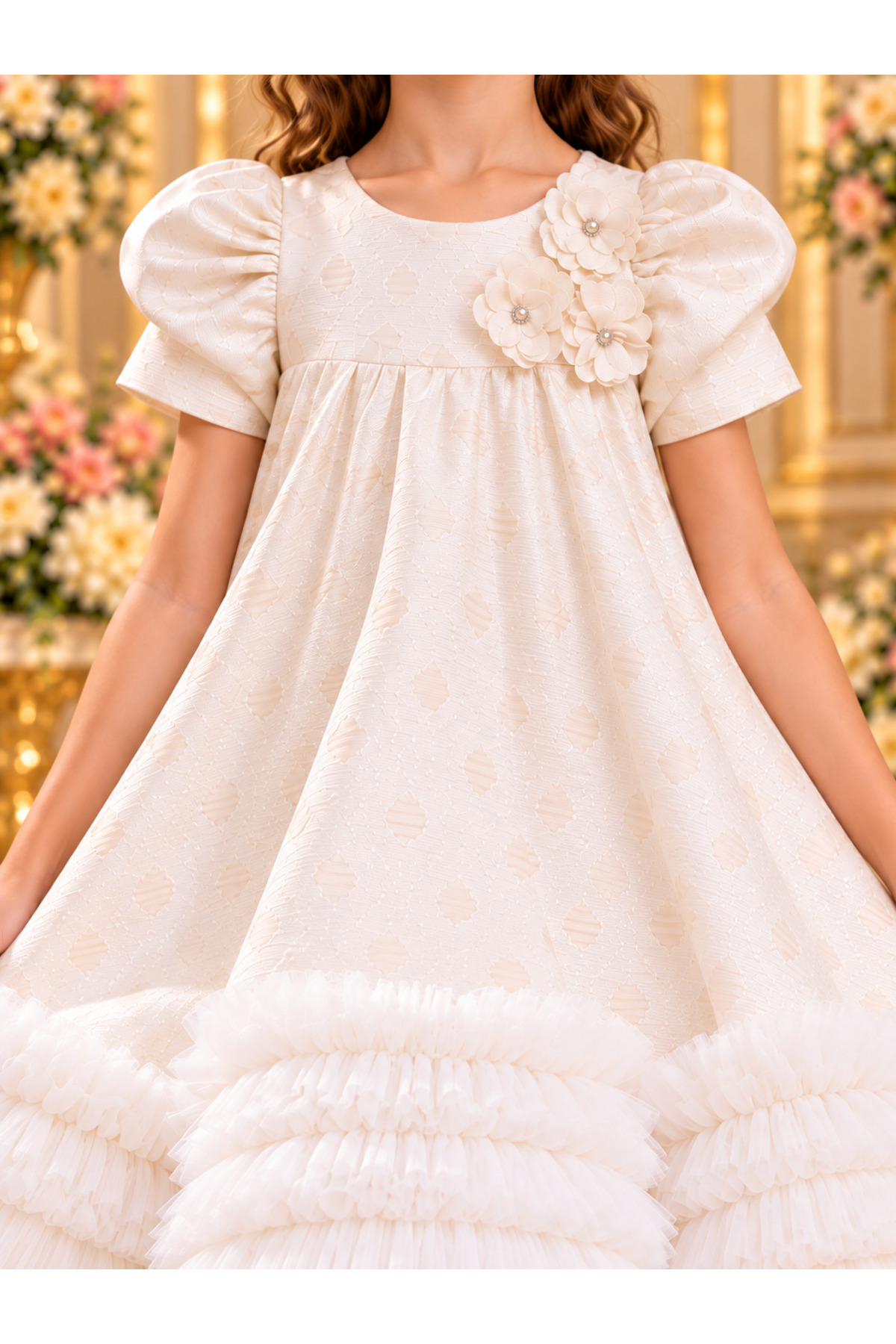Girls' Ivory Embossed Floral Ruffle Occasion Dress