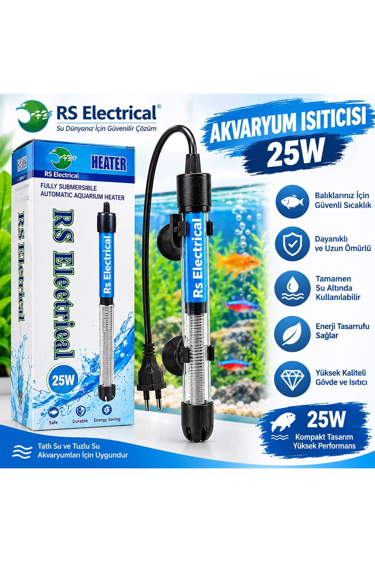 Genel Markalar RS 25 W Termostatlı Akvaryum Cam Isıtıcı | Küçük Akvaryumlar İçin Kompakt Çözüm