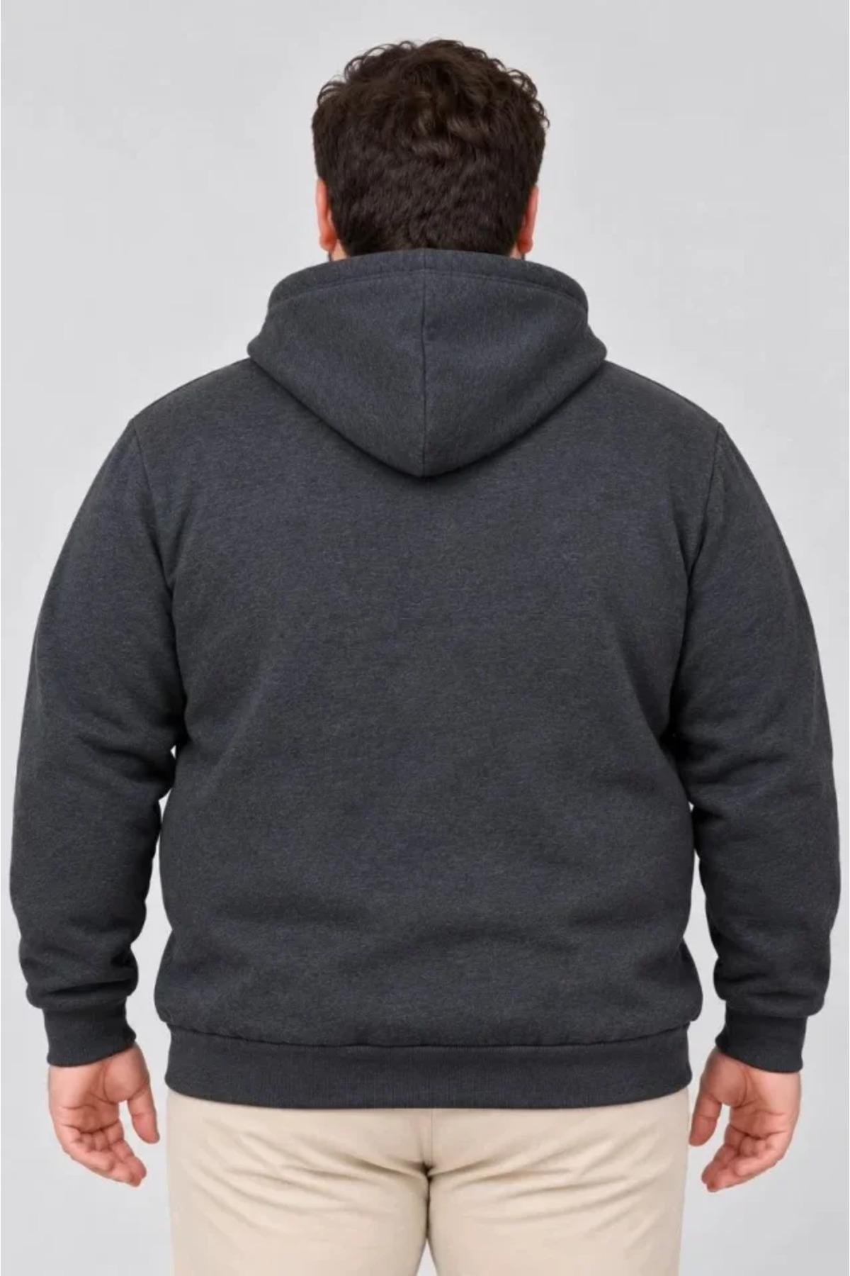 Erkek Battal Büyük Beden Üç İplik İçi Şardonlu Kapüşonlu Kanguru Cepli Kışlık Sweatshirt - Füme