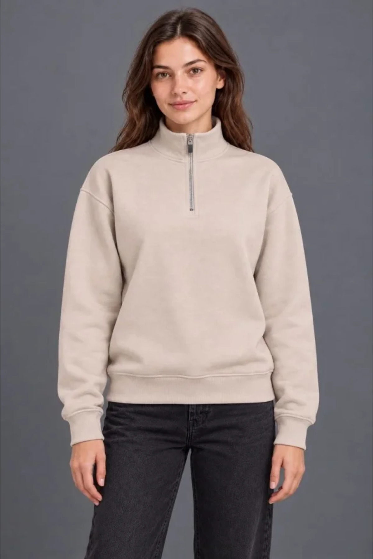 Üç İplik İçi Şardonlu Dik Yaka Yarım Fermuarlı Kışlık Sweatshirt - Bej