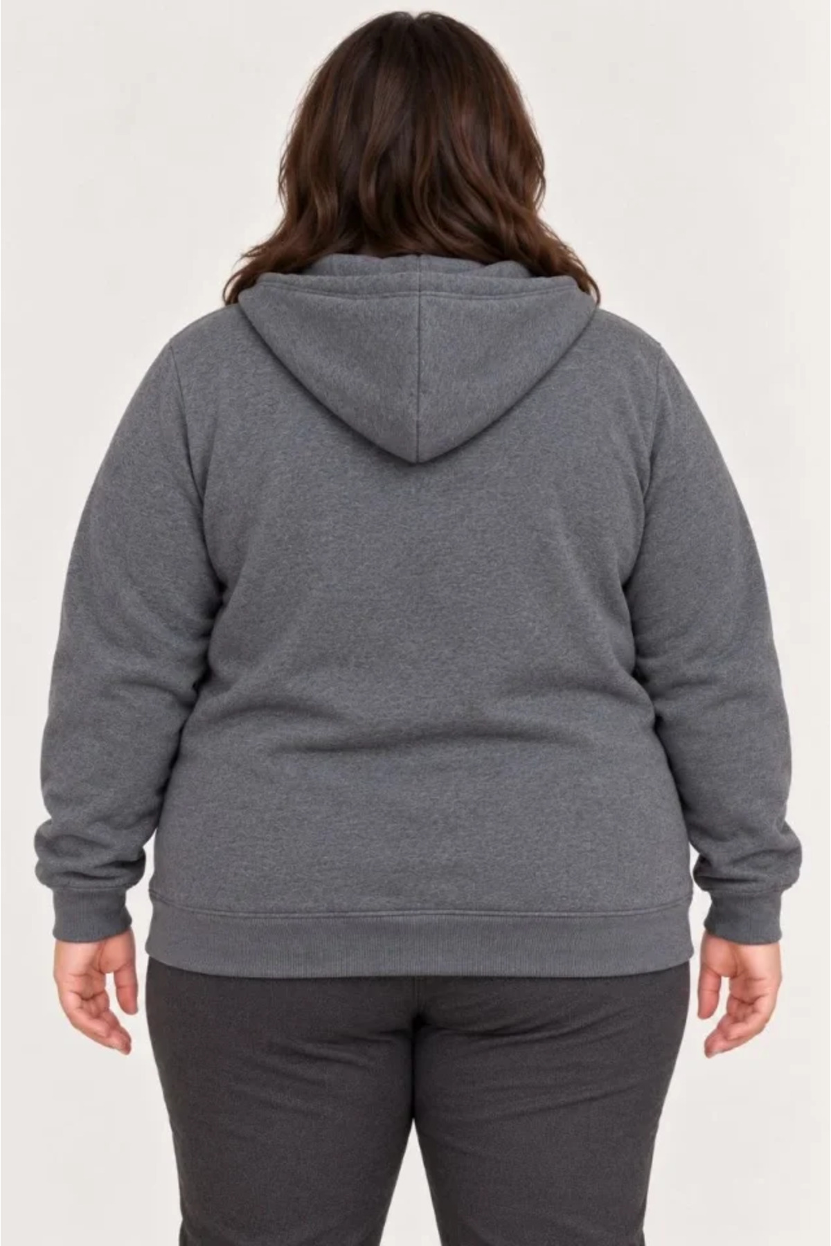 Battal Büyük Beden Üç İplik İçi Şardonlu Kapüşonlu Tam Fermuarlı Kışlık Sweatshirt - Füme