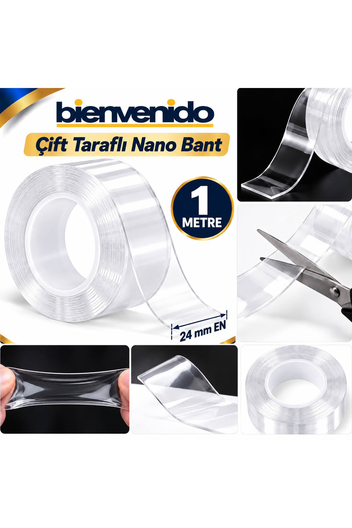 Çift Taraflı Nano Bant Montaj Çok Amaçlı Güçlü Yapıştırma Bandı Şeffaf 24 mm x 1 Metre Yıkanabilir