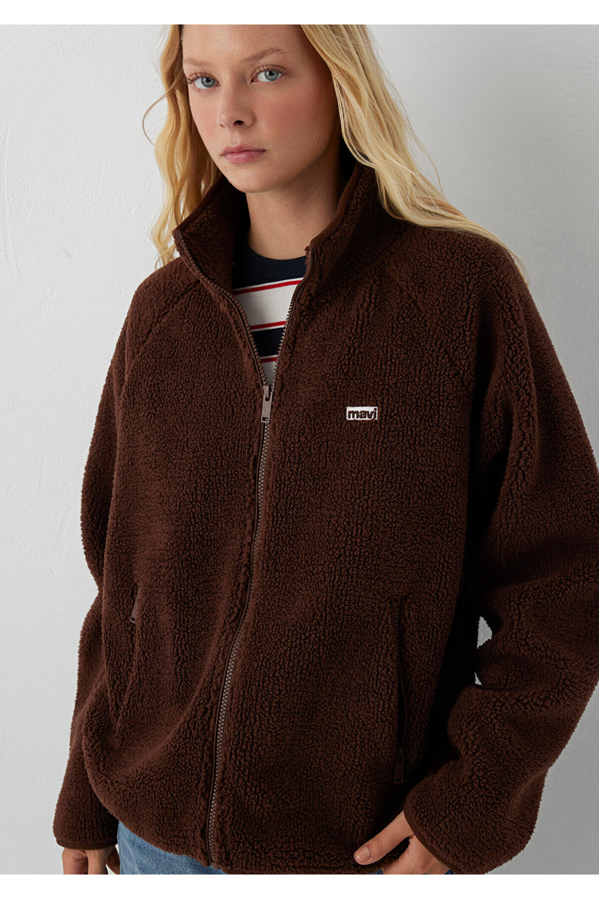 Mavi Logo Dik Yaka Sherpa Ceket Loose Fit / Bol Rahat Kesim