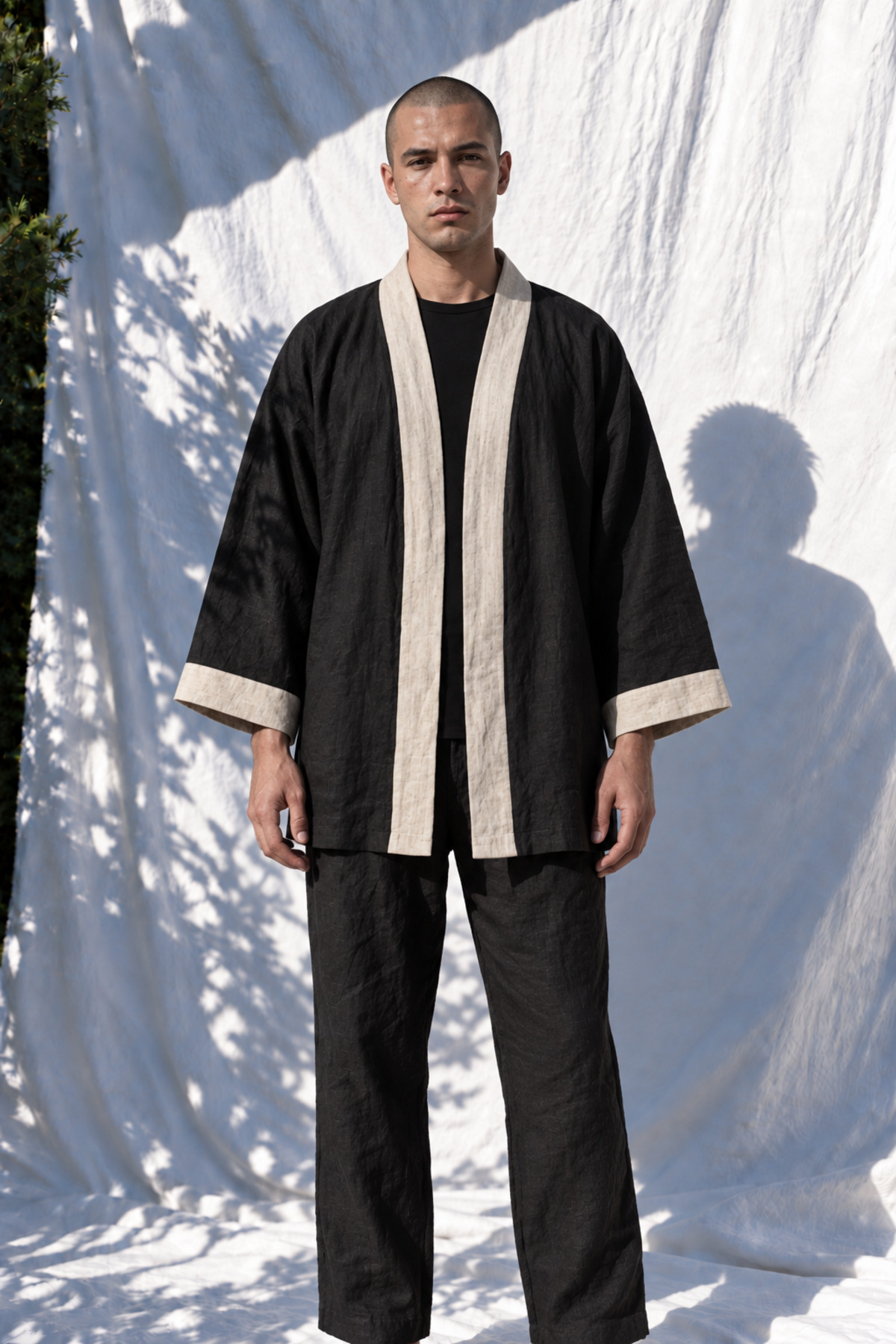Double Vav Block-Print Linen Kimono, Black – Unisex — Black / White Pattern · View 2