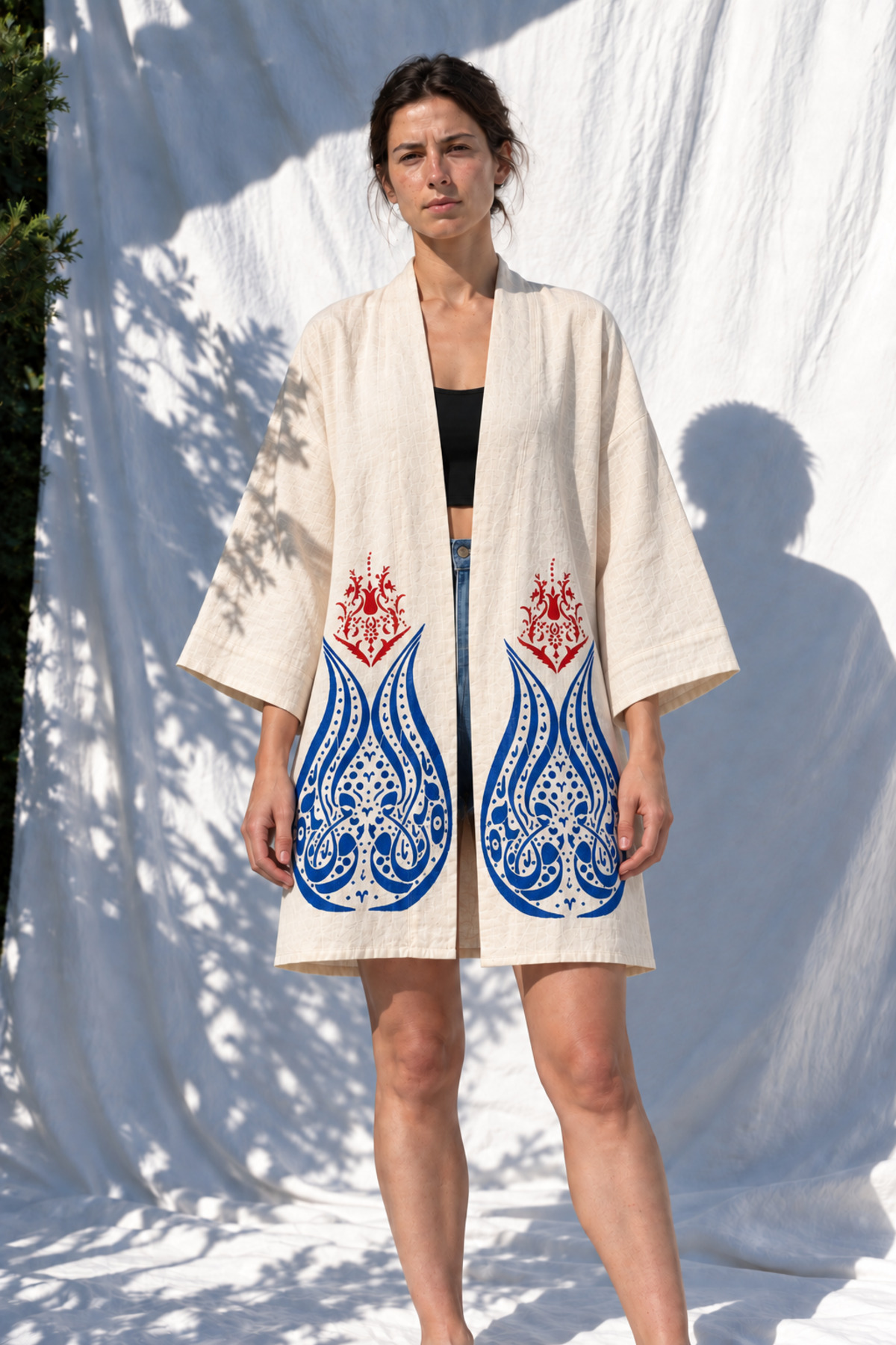 Çini Desen Taş Baskılı Özel Tasarım Kısa Keten Kimono