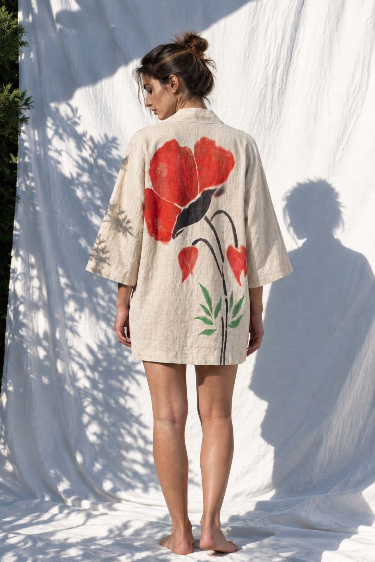 El Yapımı Büyük Gelincik Deseni Baskılı Bohem Uzun Keten Kimono Kaftan