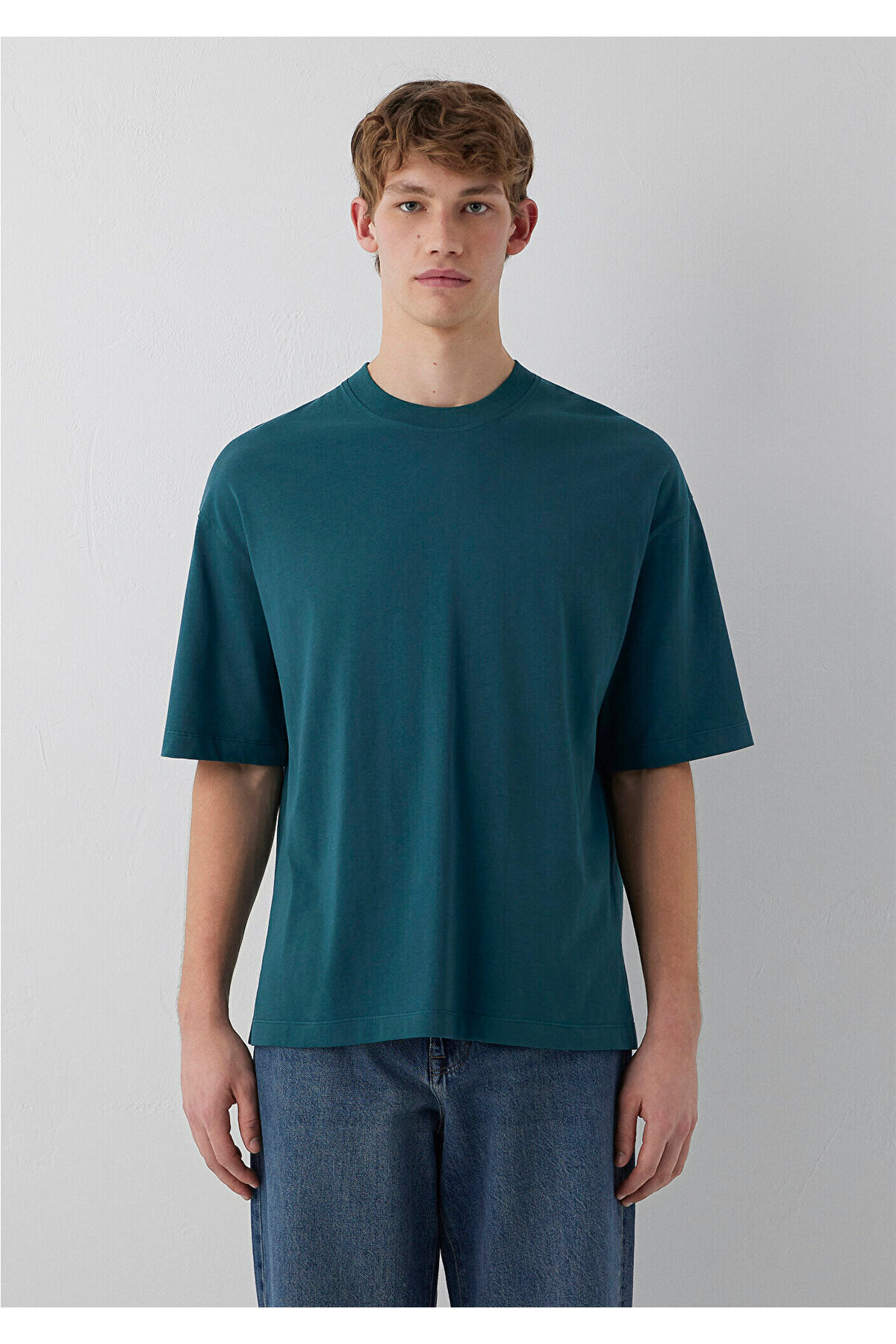 Mavi Bisiklet Yaka Yeşil Basic Tişört Oversize / Geniş Kesim