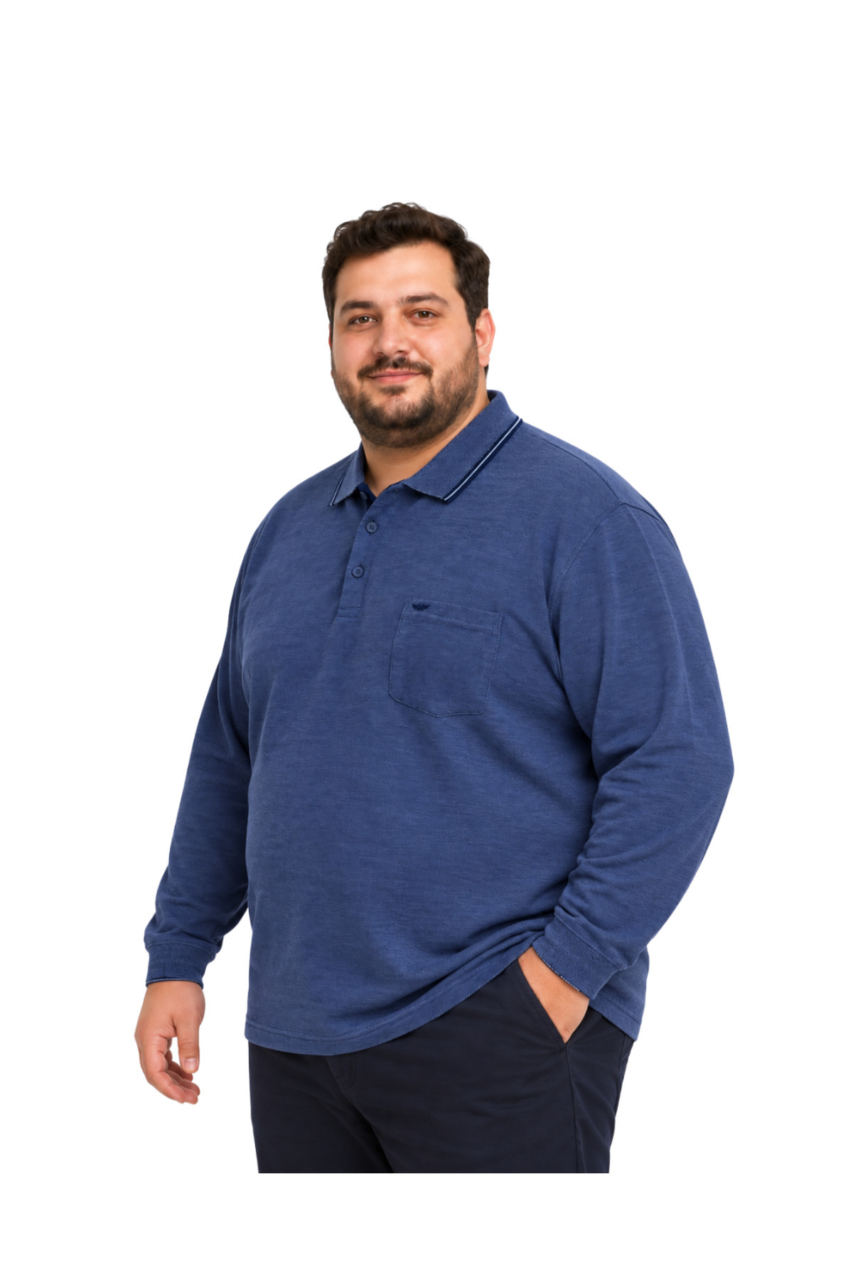 پولوشرت مردانه بزرگ سایز ملانژ ایندگو یقه دار آستین بلند پیکه M-L-XL-2XL-3XL-4XL-5XL-6XL-7XL-8XL