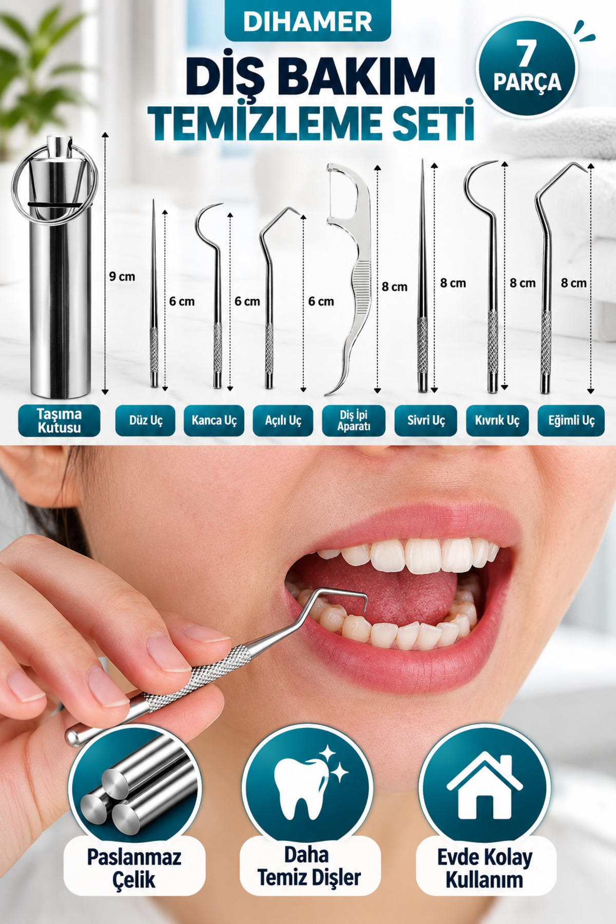 Dihamer Oral Clean Pro 7 Parça Paslanmaz Çelik Diş Bakım ve Temizlik Seti – Dental Kit
