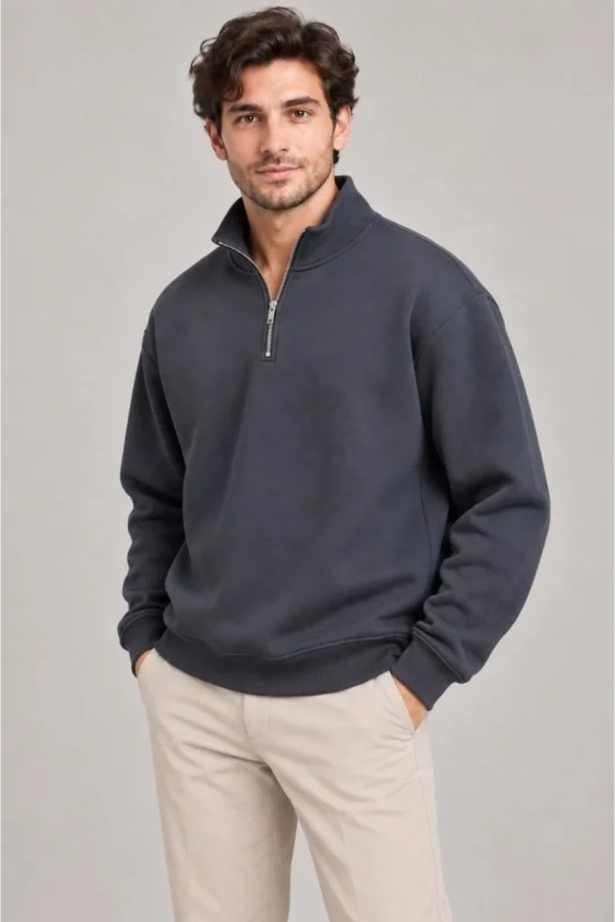Erkek Üç İplik İçi Şardonlu Dik Yaka Yarım Fermuarlı Kışlık Sweatshirt - Füme