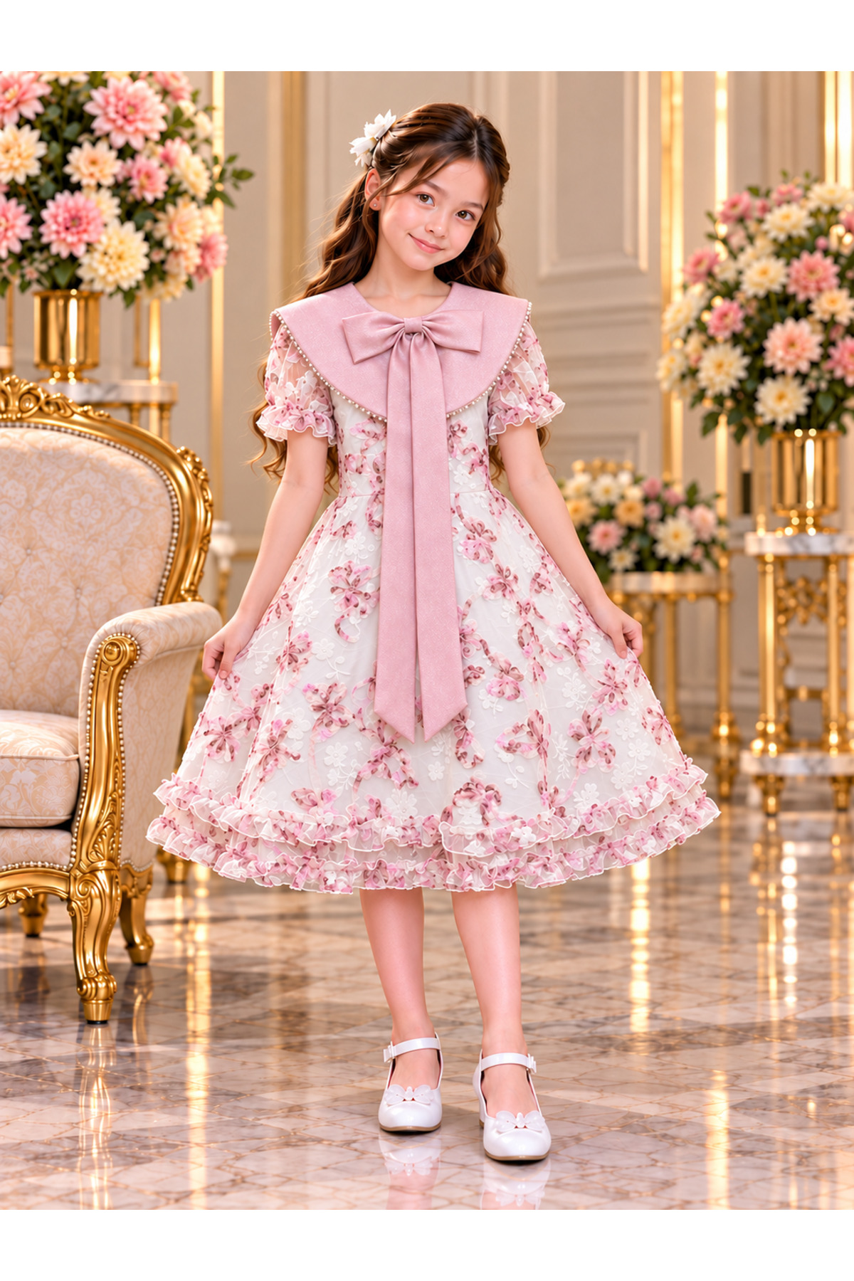 Girls' White and Pink Plaid Bow Dress