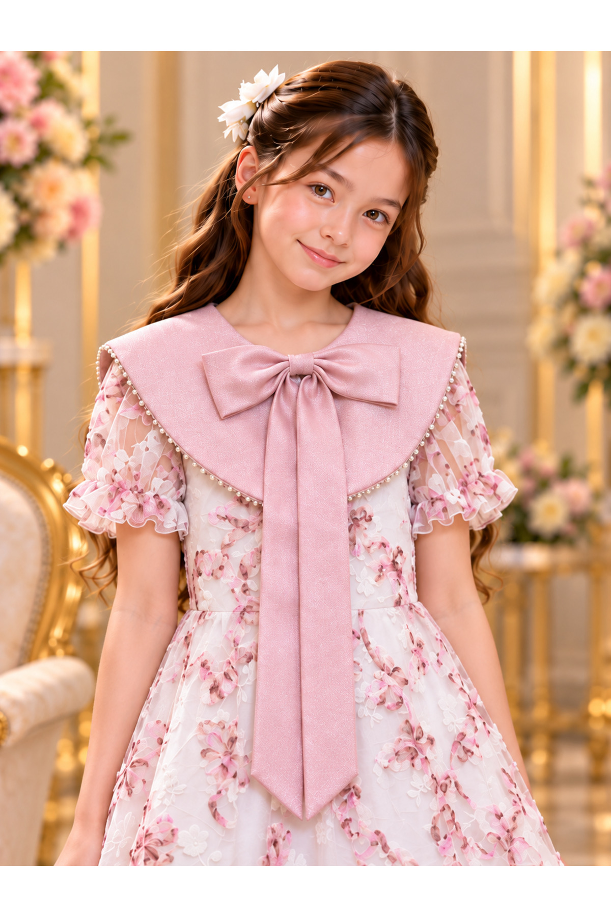 Girls' White and Pink Plaid Bow Dress
