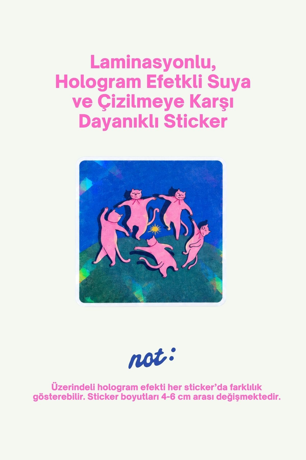 Hologram Efektli Laminasyonlu Tekli Sticker, Kedi Motifli Etiket, Çok Amaçlı, Su Geçirmez ve Çizilmeye Dayanıklı Sticker,