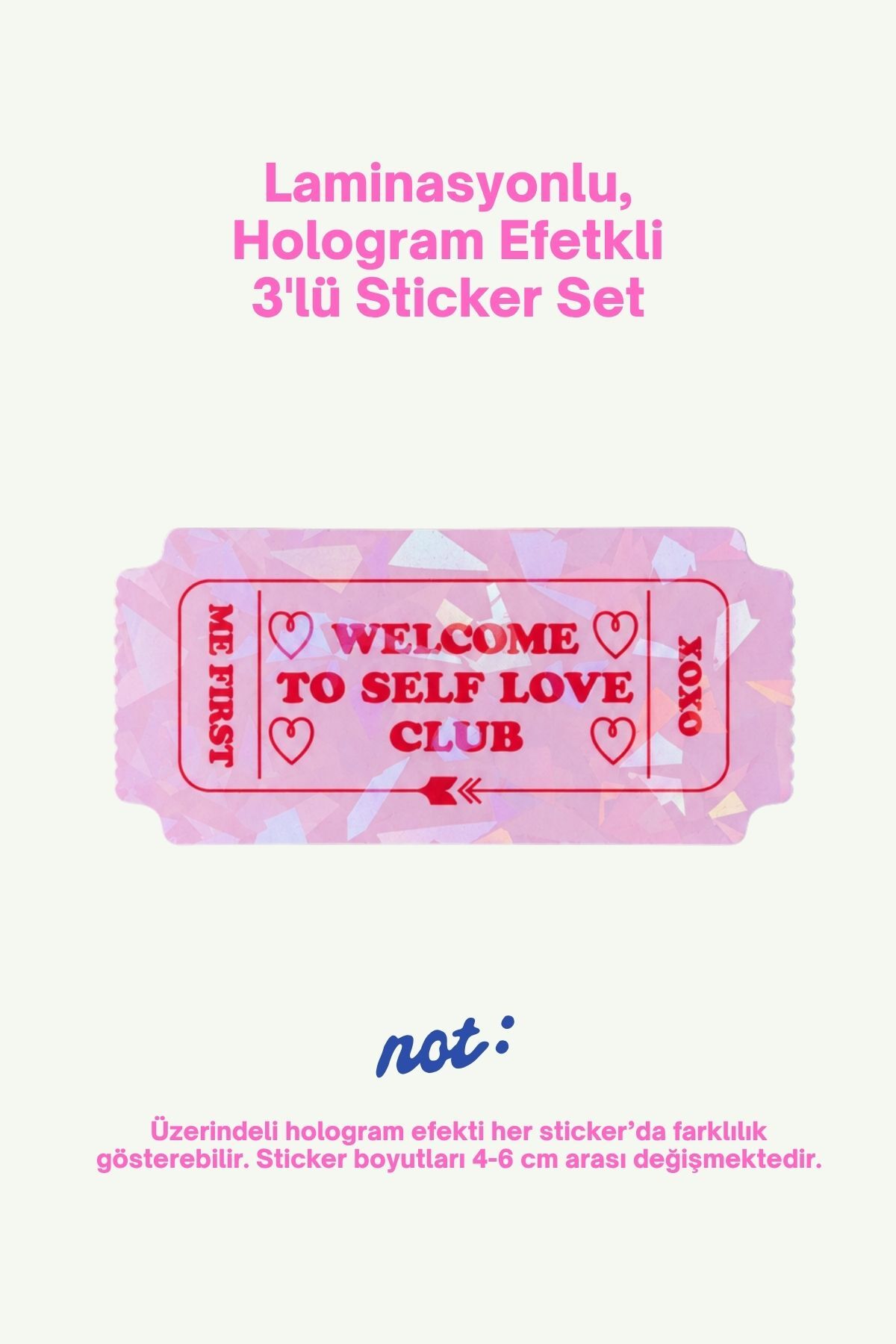 Hologram Efektli Laminasyonlu Tekli Sticker, Self Love Club Etiket, Çok Amaçlı, Su Geçirmez ve Çizilmeye Dayanıklı Sticker