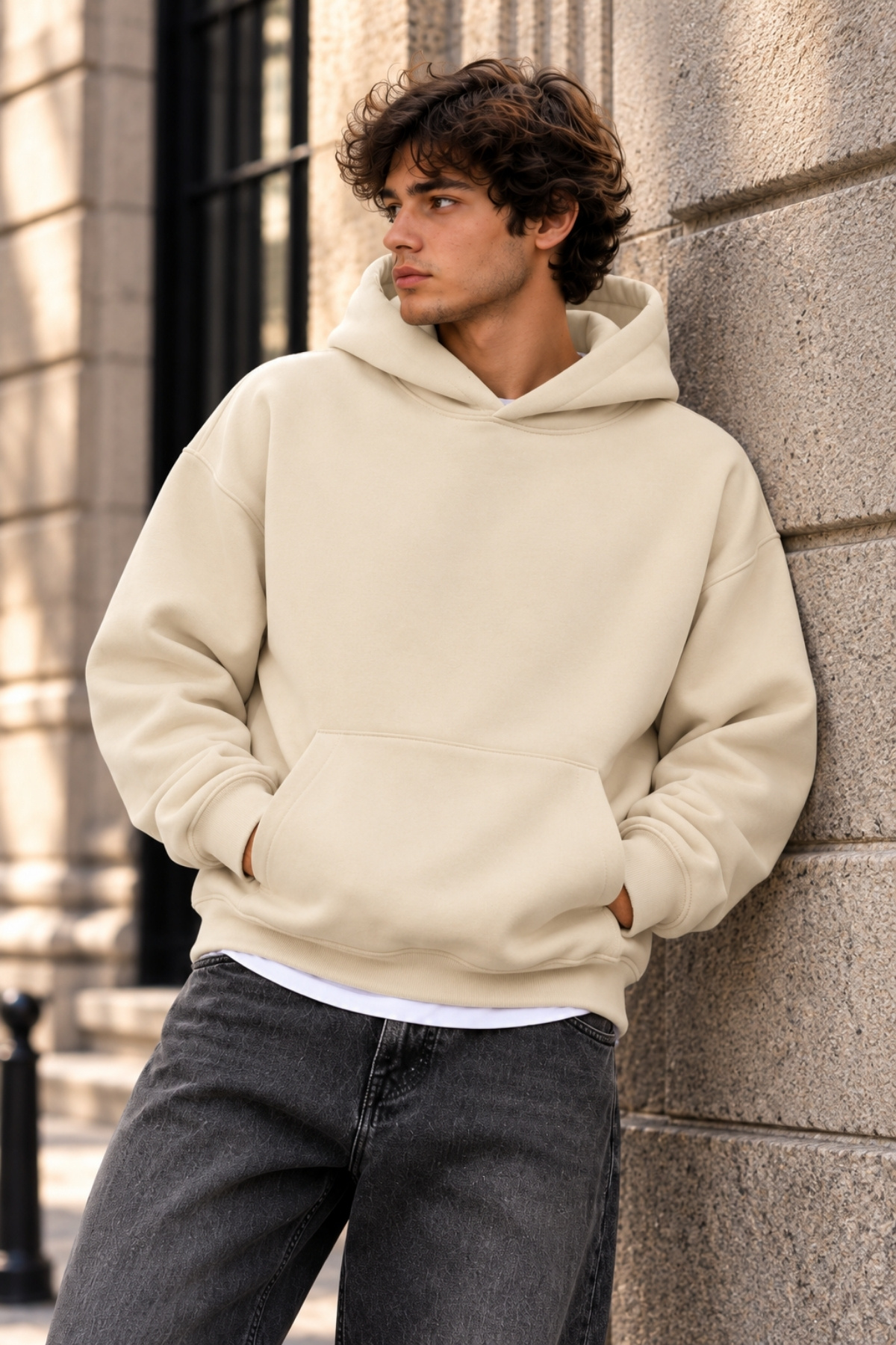 Erkek Oversize Bol Kesim Pamuklu 3 İplik Şardonlu Yumuşak Dokulu Basic Bej Kapüşonlu Sweatshirt
