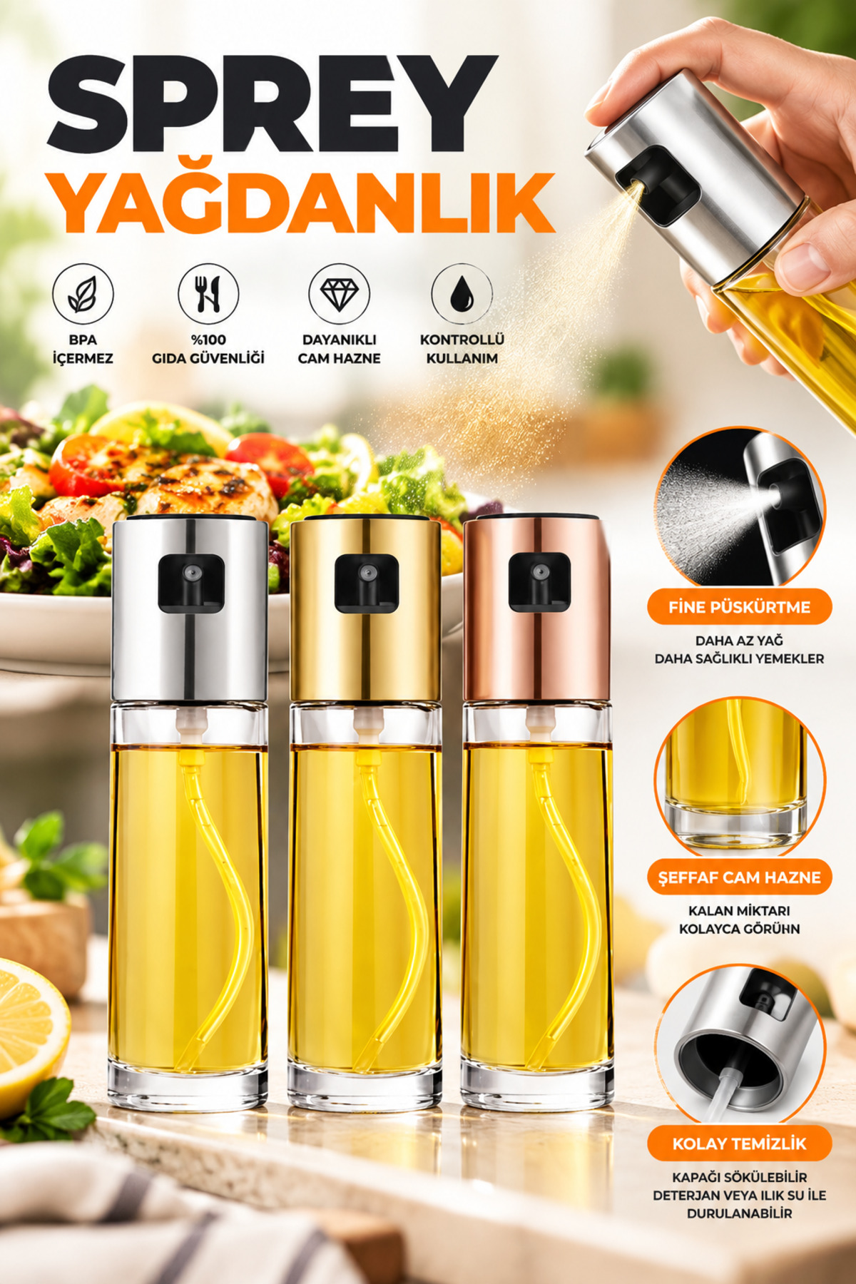 Cam Sprey Yağdanlık Airfryer Yağ Spreyi Zeytinyağı Sirke Püskürtücü