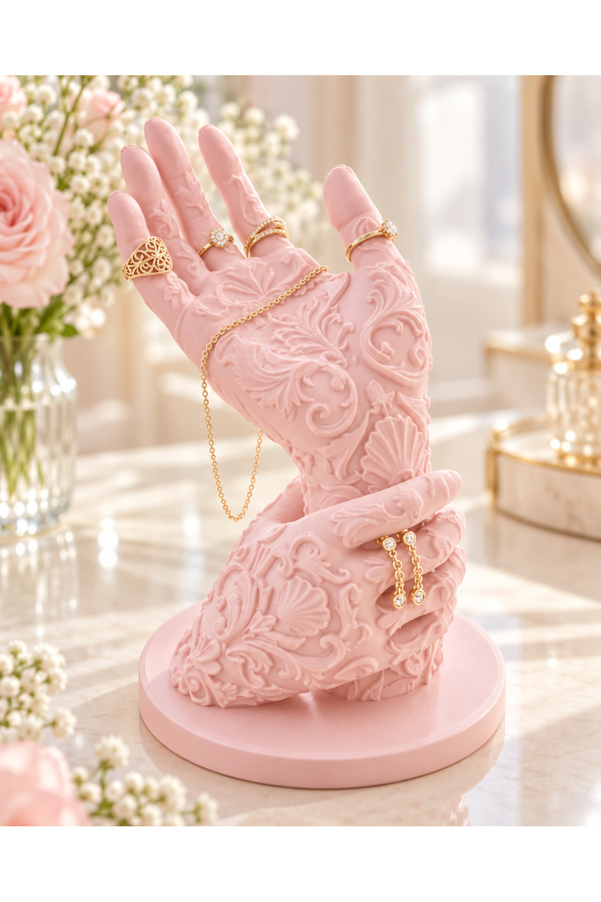 Nerina işlemeli el figürlü takı standı, pastel pembe el formunda takıların sergilendiği önden görünüm.