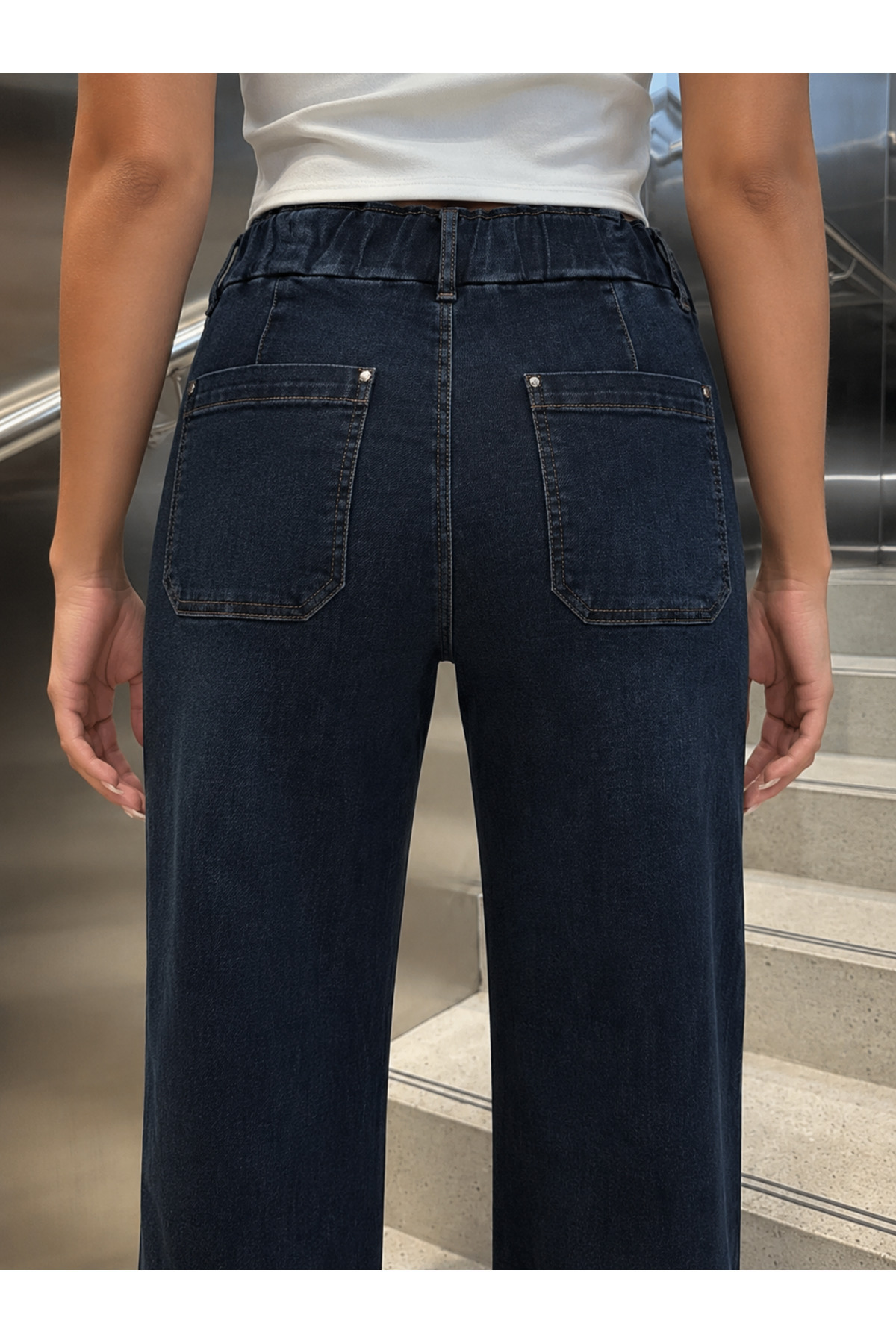 Kadın Beli Lastikli Ön Cepli Jean Pantolon - Görsel 2
