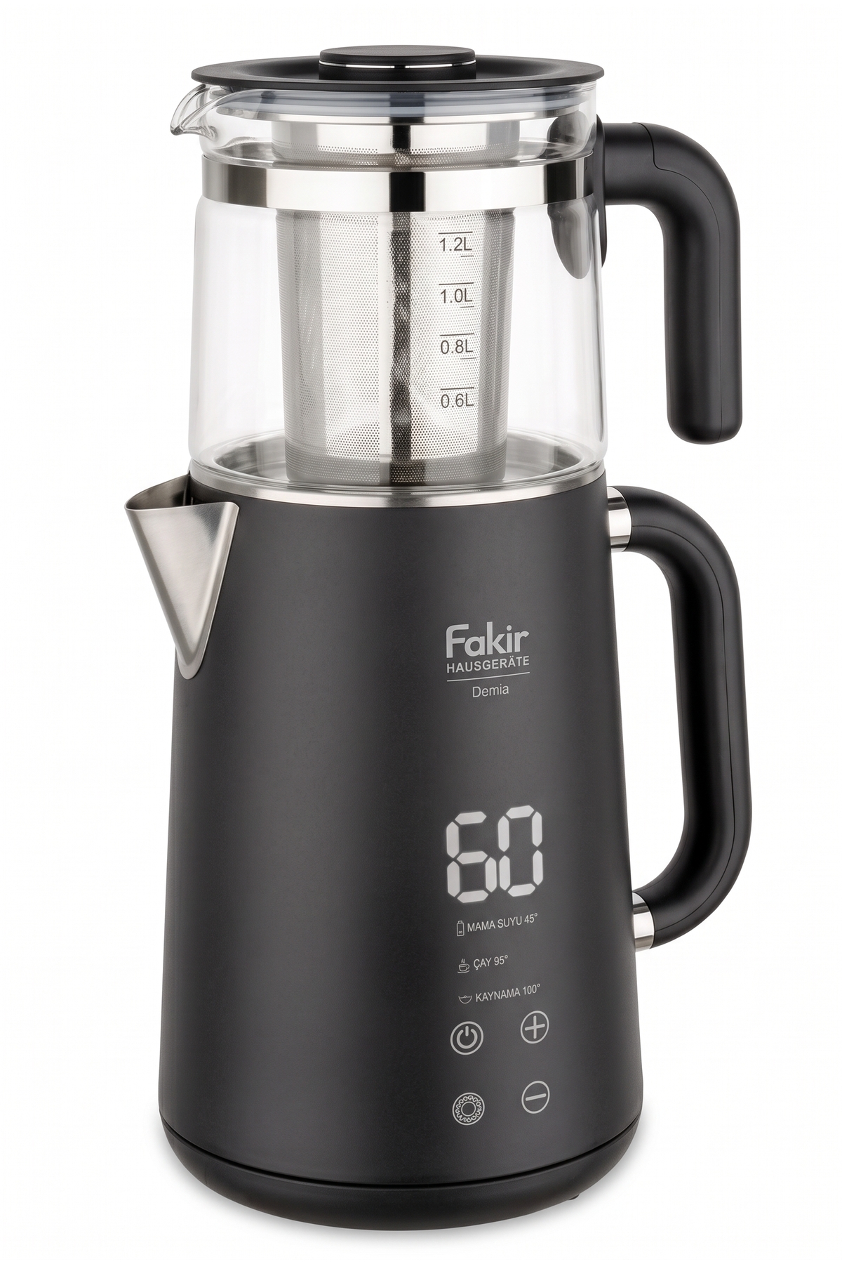 Fakir Demia Çelik Çay Makinesi Dijital LED Ekran 1,7 L Su Isıtıcı 1.2 Lt Cam Demlik Sıcaklık Ayarlı