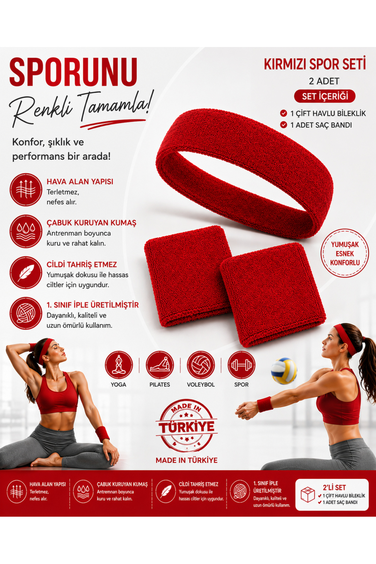 Pilates yoga Voleybol Tenis Saç Bandı Bileklik Seti küçük fotoğraf 2