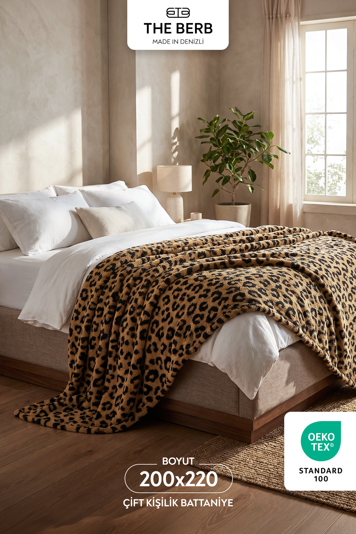 The Berb | Leopar Desenli Çift Kişilik Welsoft Battaniye | 200x220 cm | Ultra Yumuşak