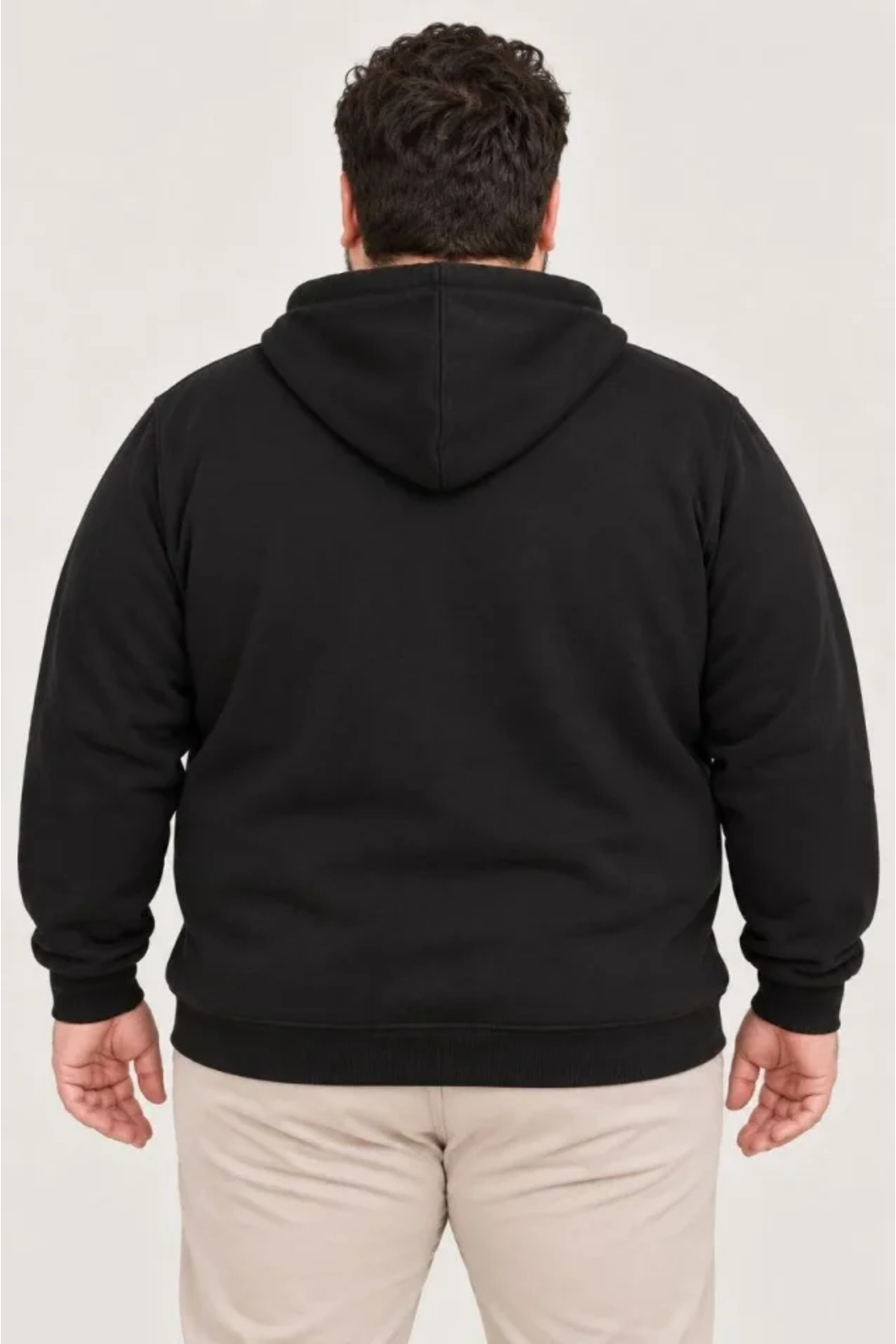 Erkek Battal Büyük Beden Üç İplik İçi Şardonlu Kapüşonlu Tam Fermuarlı Kışlık Sweatshirt - Siyah