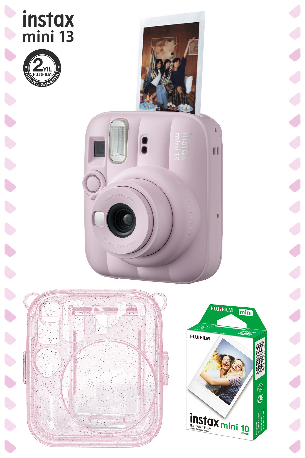 Fujifilm Instax Mini 13 Pembe Fotoğraf Makinesi Simli Pleksi Kılıf ve 10'lu Film Hediye Seti-FOTSI00244-S3-10