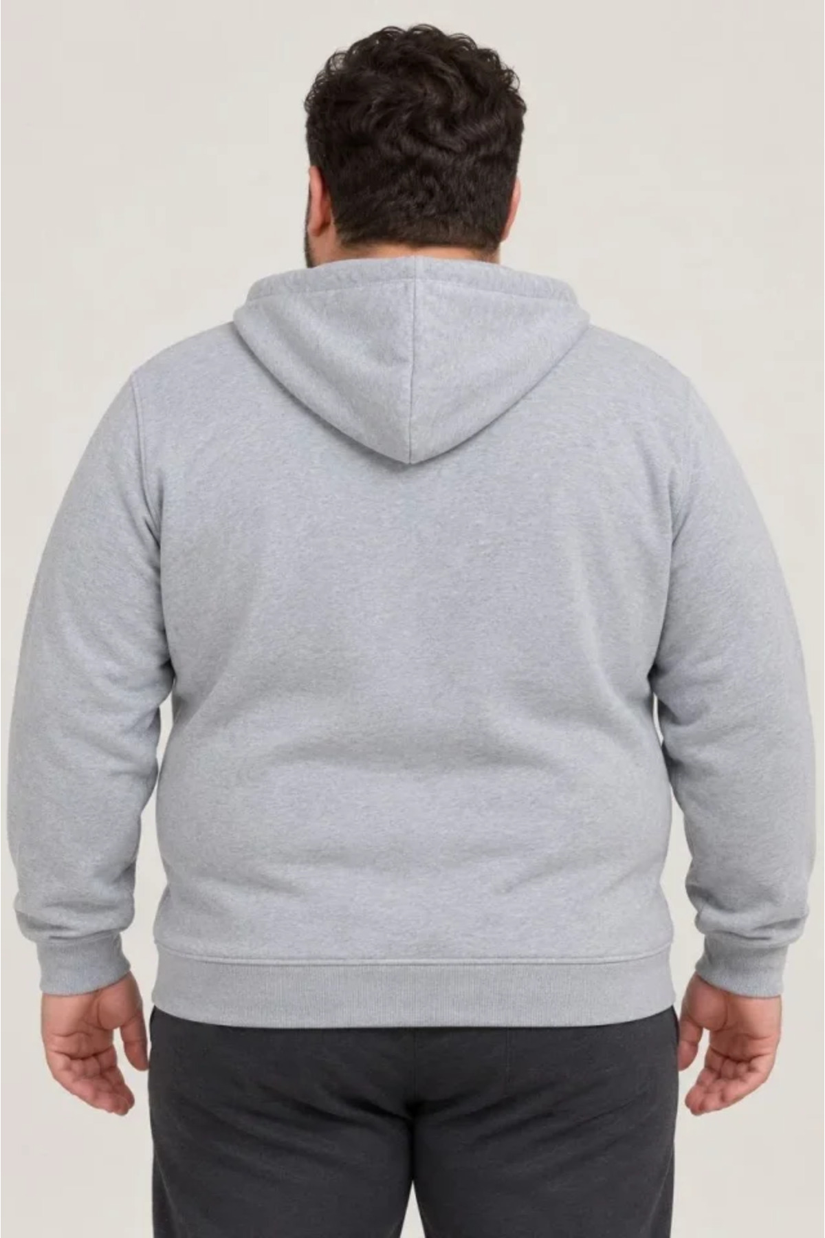 Erkek Battal Büyük Beden Üç İplik İçi Şardonlu Kapüşonlu Tam Fermuarlı Kışlık Sweatshirt - Gri