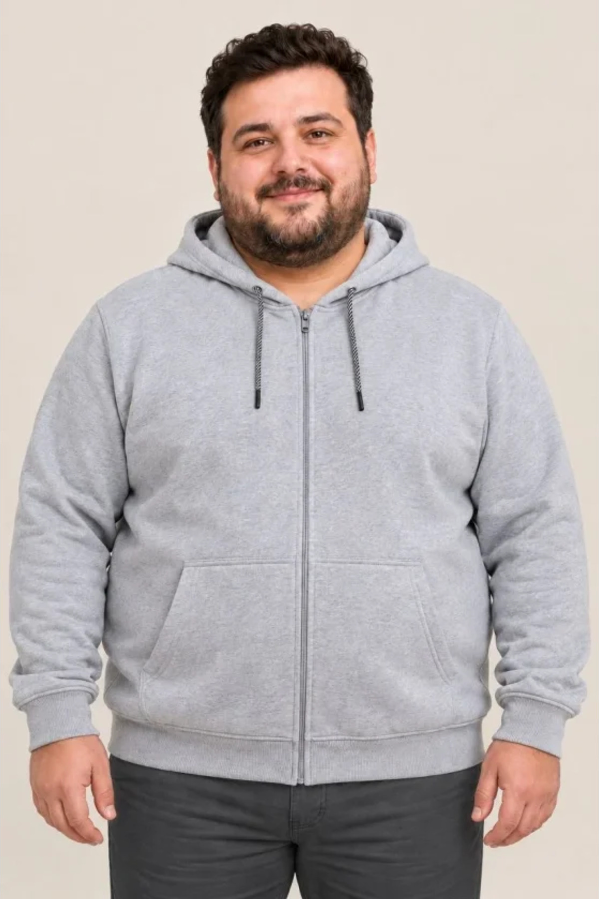 Erkek Battal Büyük Beden Üç İplik İçi Şardonlu Kapüşonlu Tam Fermuarlı Kışlık Sweatshirt - Gri
